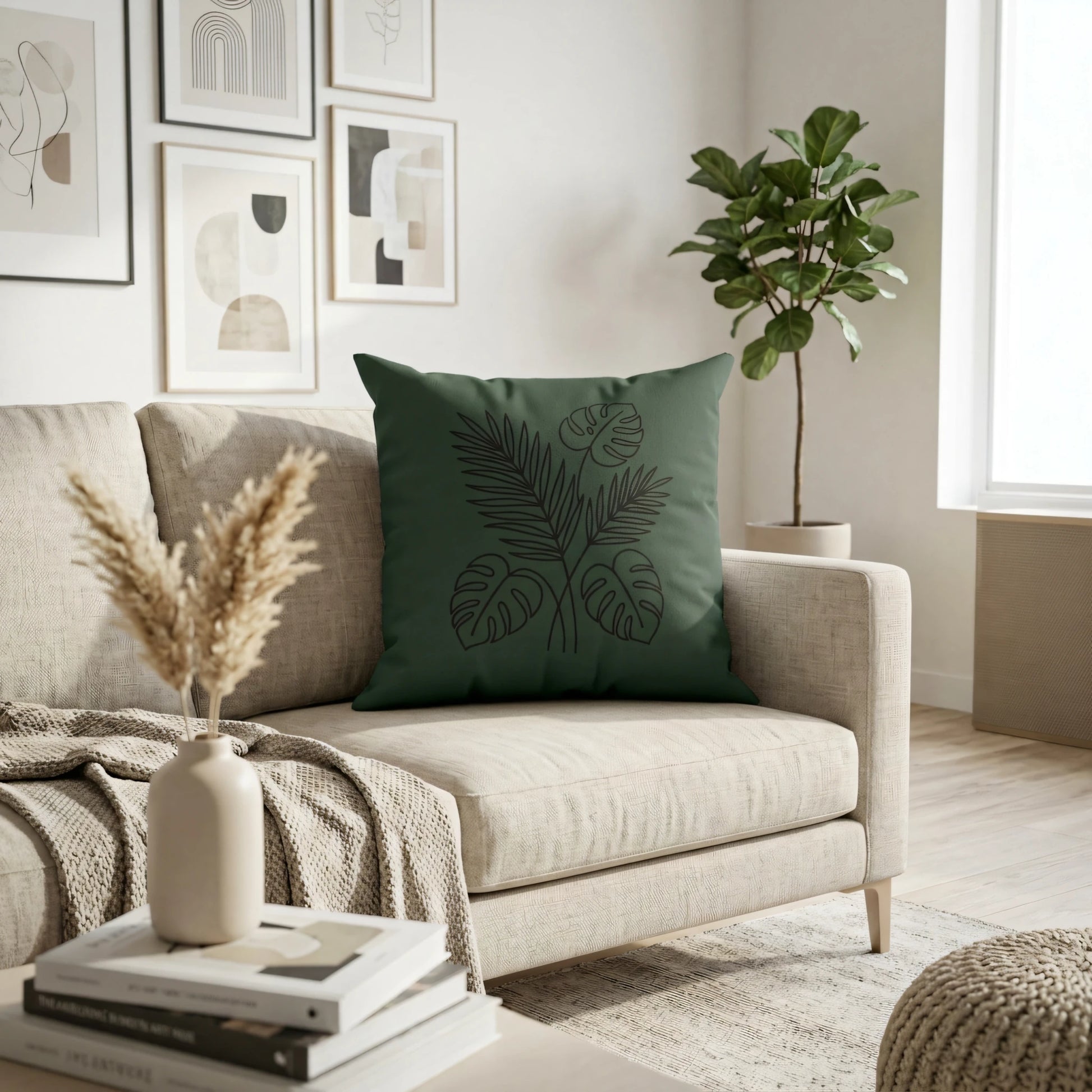 Modern forest green cushion with black tropical leaf line art on a cream sofa in a minimalist living room setting with plants and wall art.