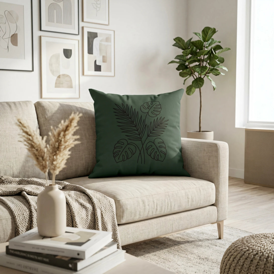 Modern forest green cushion with black tropical leaf line art on a cream sofa in a minimalist living room setting with plants and wall art.