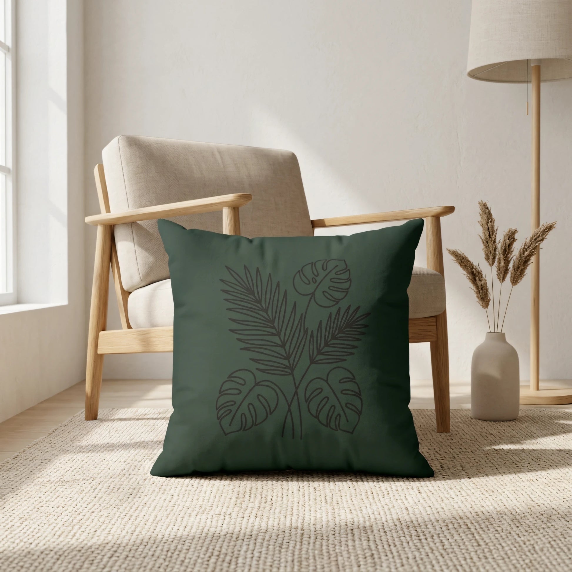 Dark green cushion with tropical leaf line art in a minimalist interior featuring a beige armchair, pampas grass, and natural light.