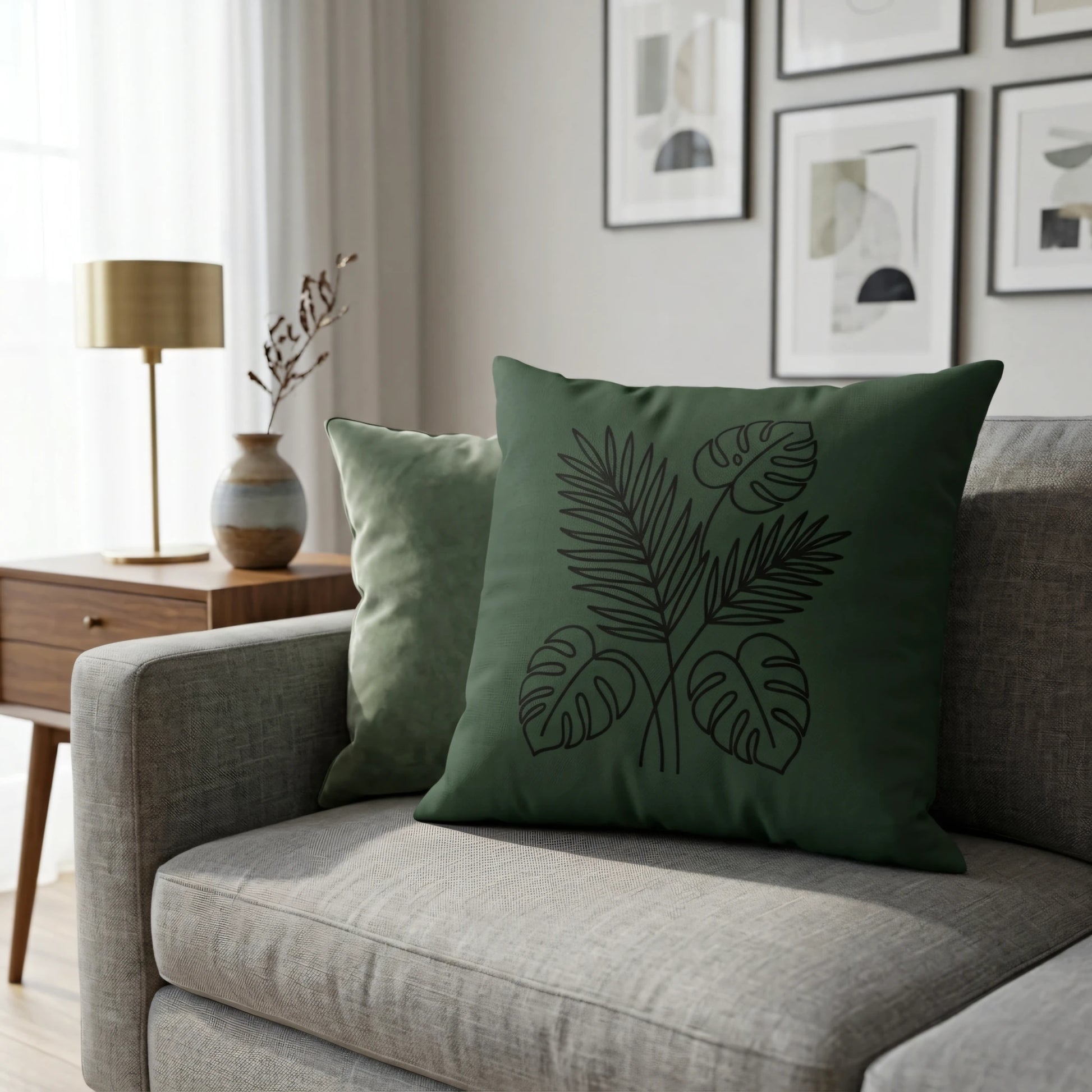 Dark green tropical leaf print cushion on a grey sofa in a minimalist living room featuring a gold table lamp and framed wall art.