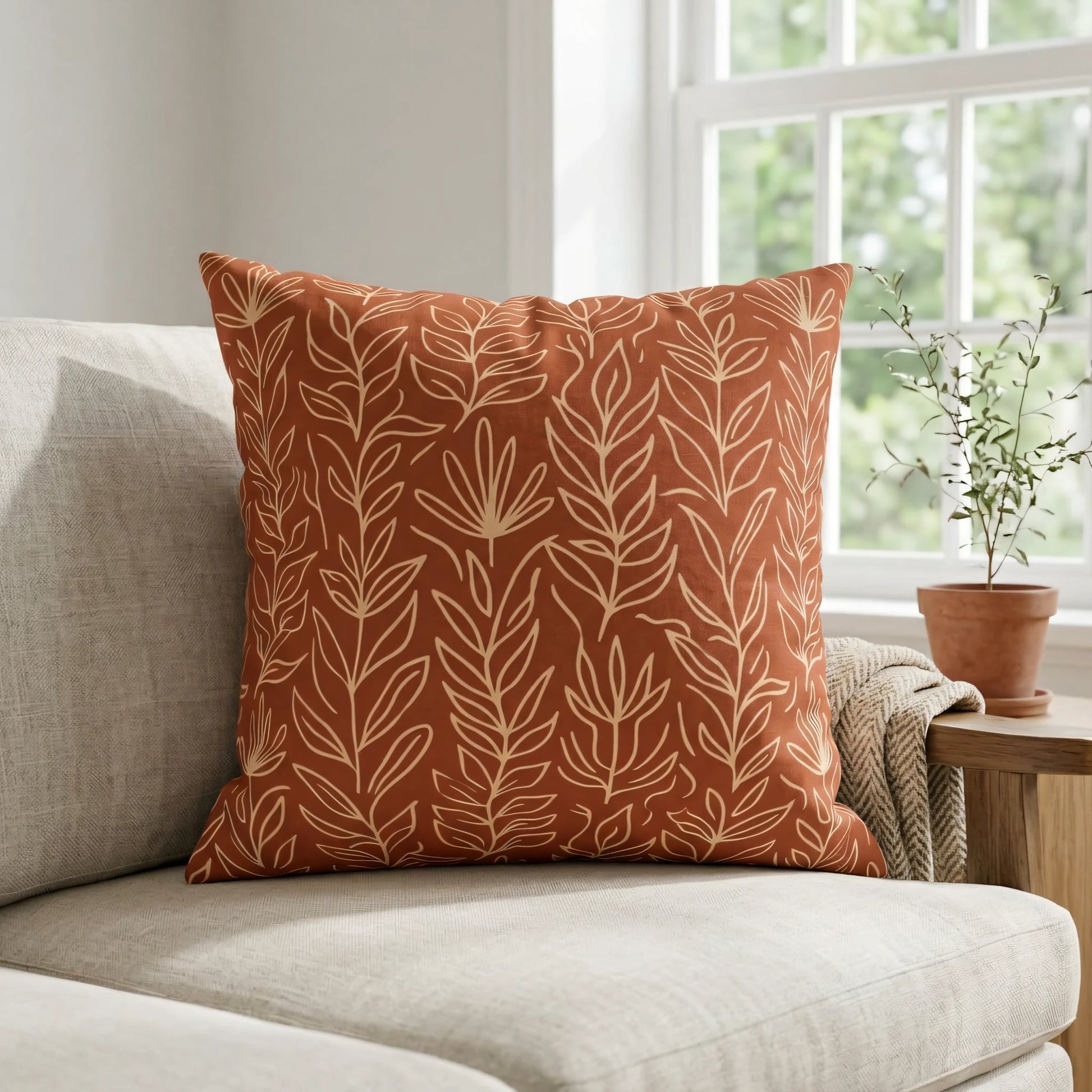 Terracotta botanical throw pillow with cream leaf patterns on a beige sofa in a bright, modern living room with natural window light.