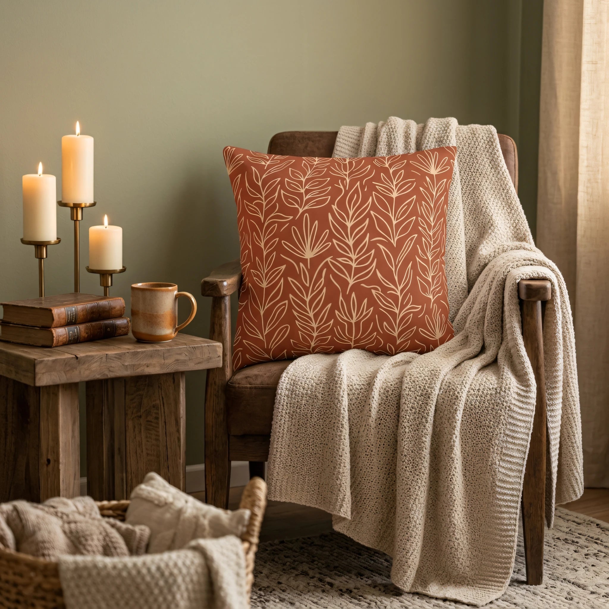 Terracotta cushion with cream leaf patterns on a wooden armchair with a cozy knit throw and lit candles in a warm, inviting living room setting.