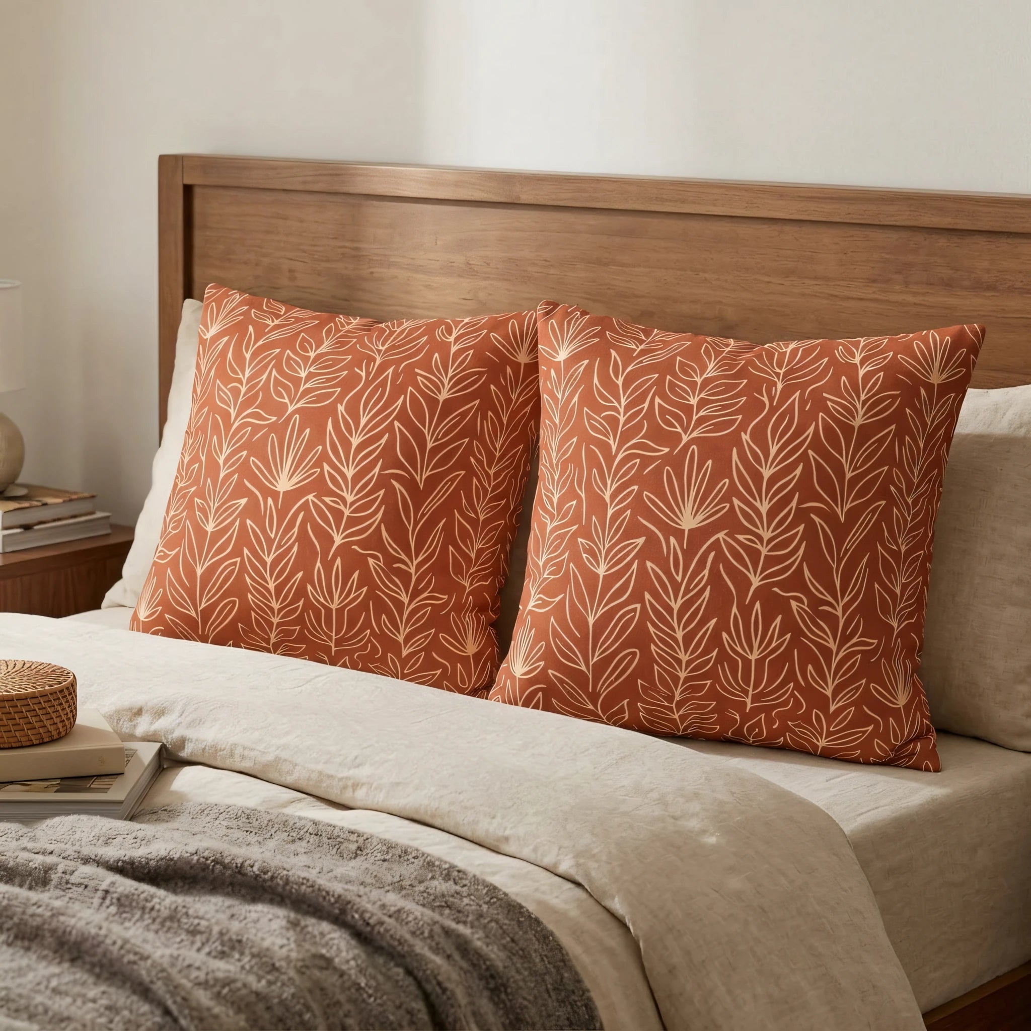 Pair of burnt orange pillows with white botanical leaf patterns on a bed with a wooden headboard and neutral linen bedding.