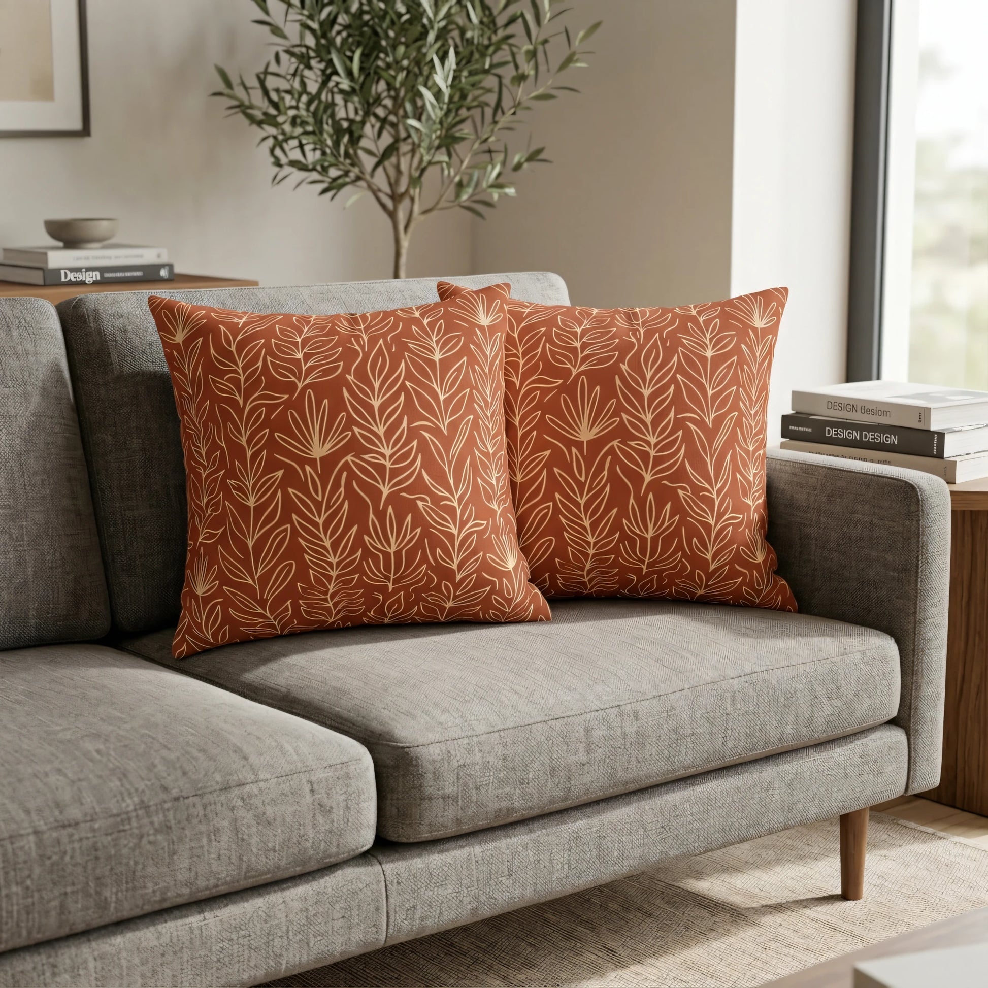 Two terracotta cushions with cream leaf patterns on a grey sofa in a modern living room setting, showcasing decorative botanical pillows.