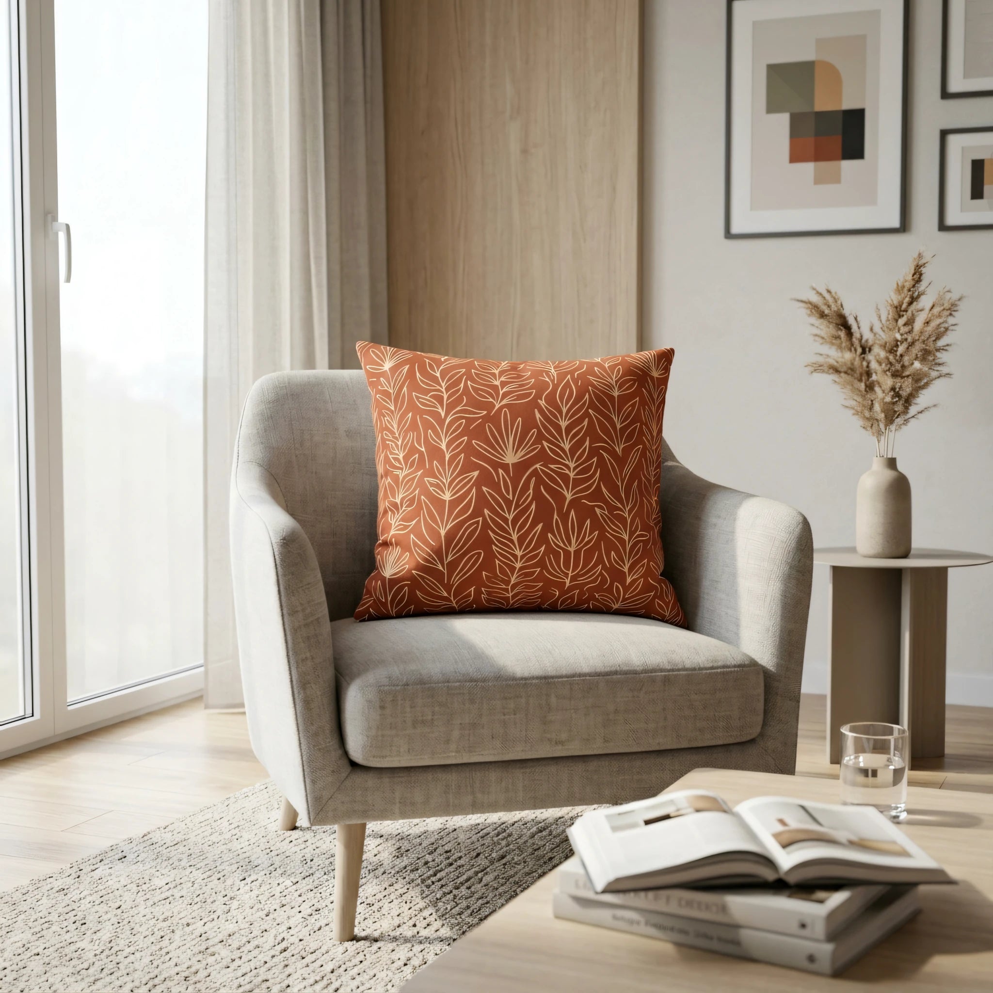 Terracotta leaf pattern pillow on a grey armchair in a modern living room lifestyle setting with natural light and earthy tones.