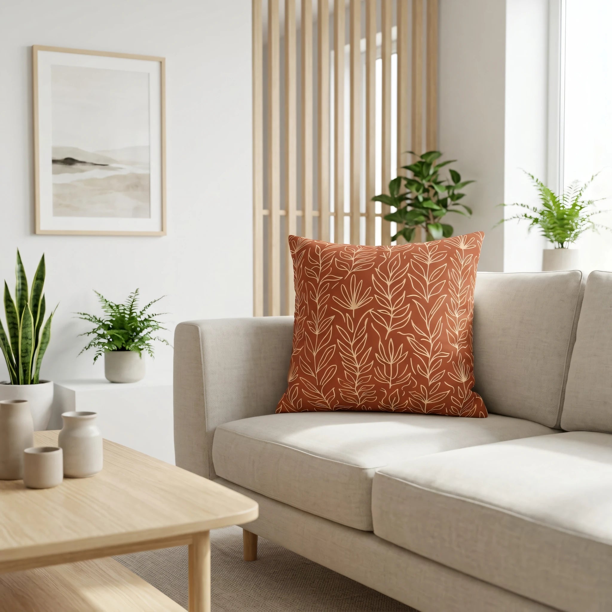 Terracotta botanical throw pillow with leaf pattern on a beige couch in a minimalist interior with plants and light wood accents.