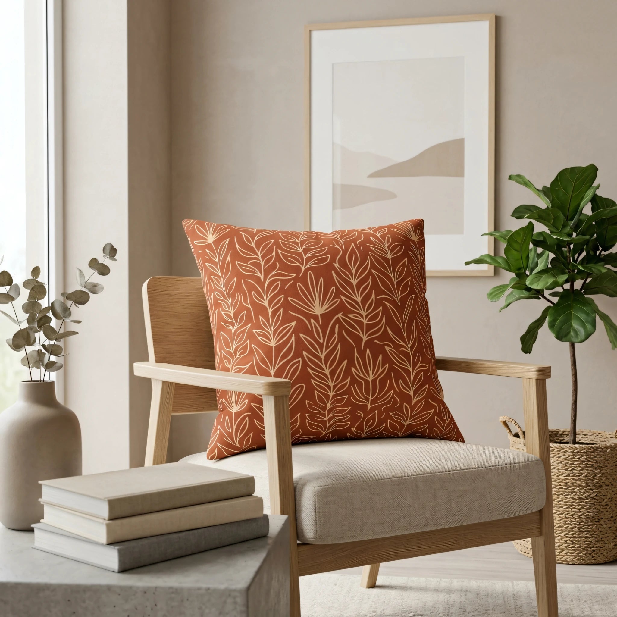 Terracotta botanical leaf pattern cushion on a wooden armchair in a minimalist living room with neutral decor and a green potted plant.