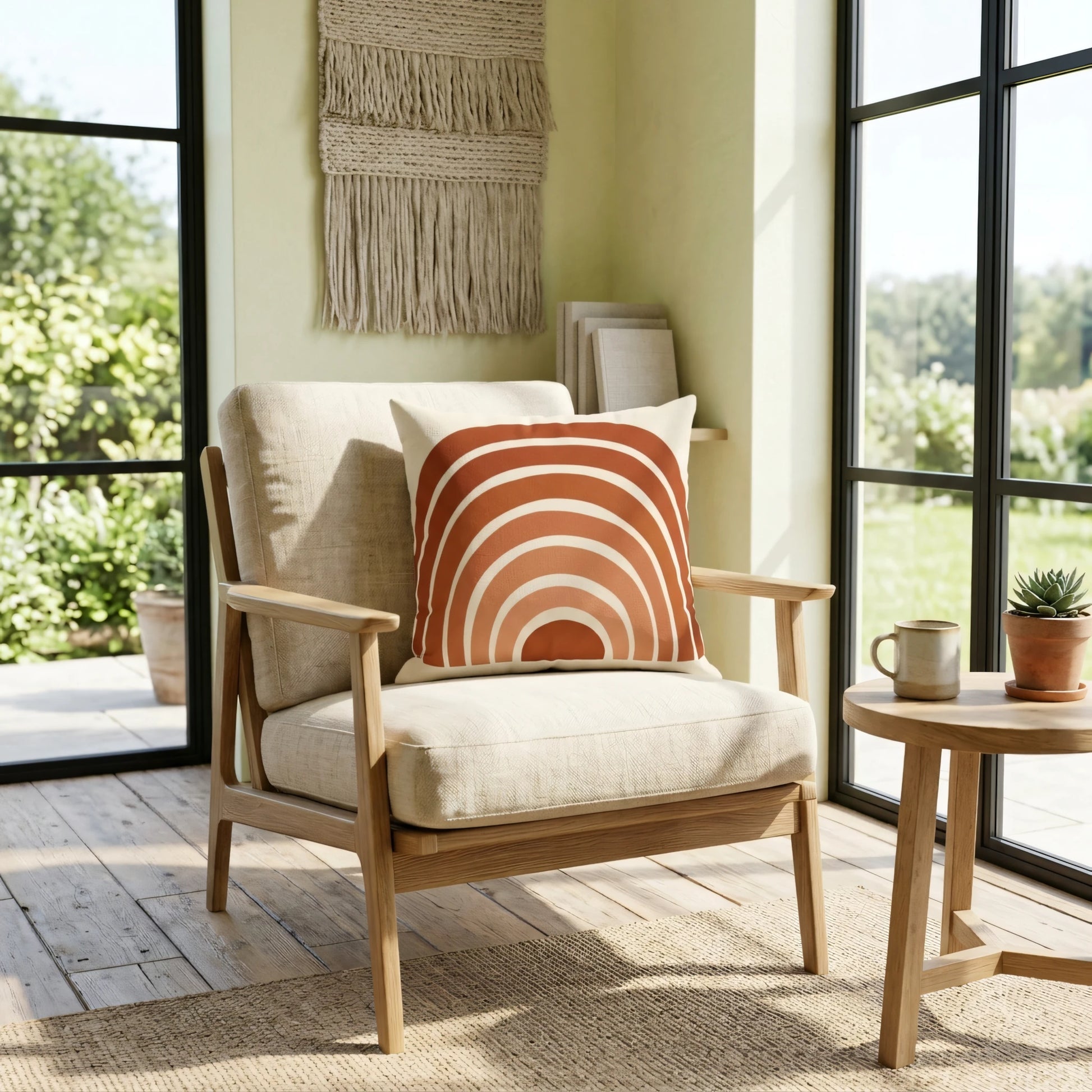 Burnt orange rainbow cushion on a wooden armchair in a bright, airy room with large windows, a macrame wall hanging, and sunlight.