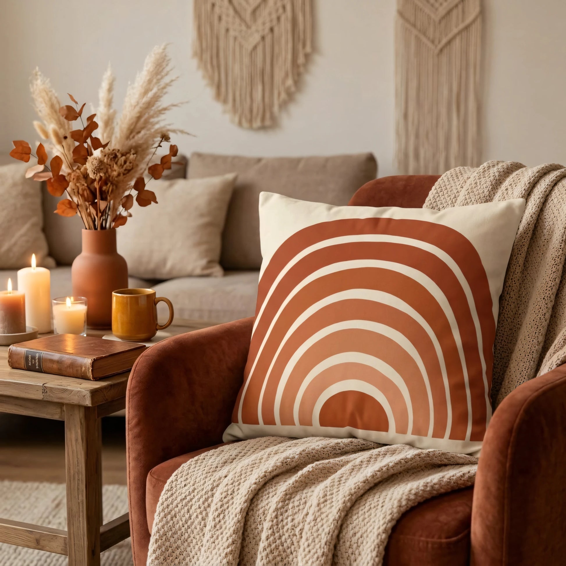 Terracotta boho rainbow cushion on a rust velvet armchair in a cosy living room setting with candles and pampas grass.