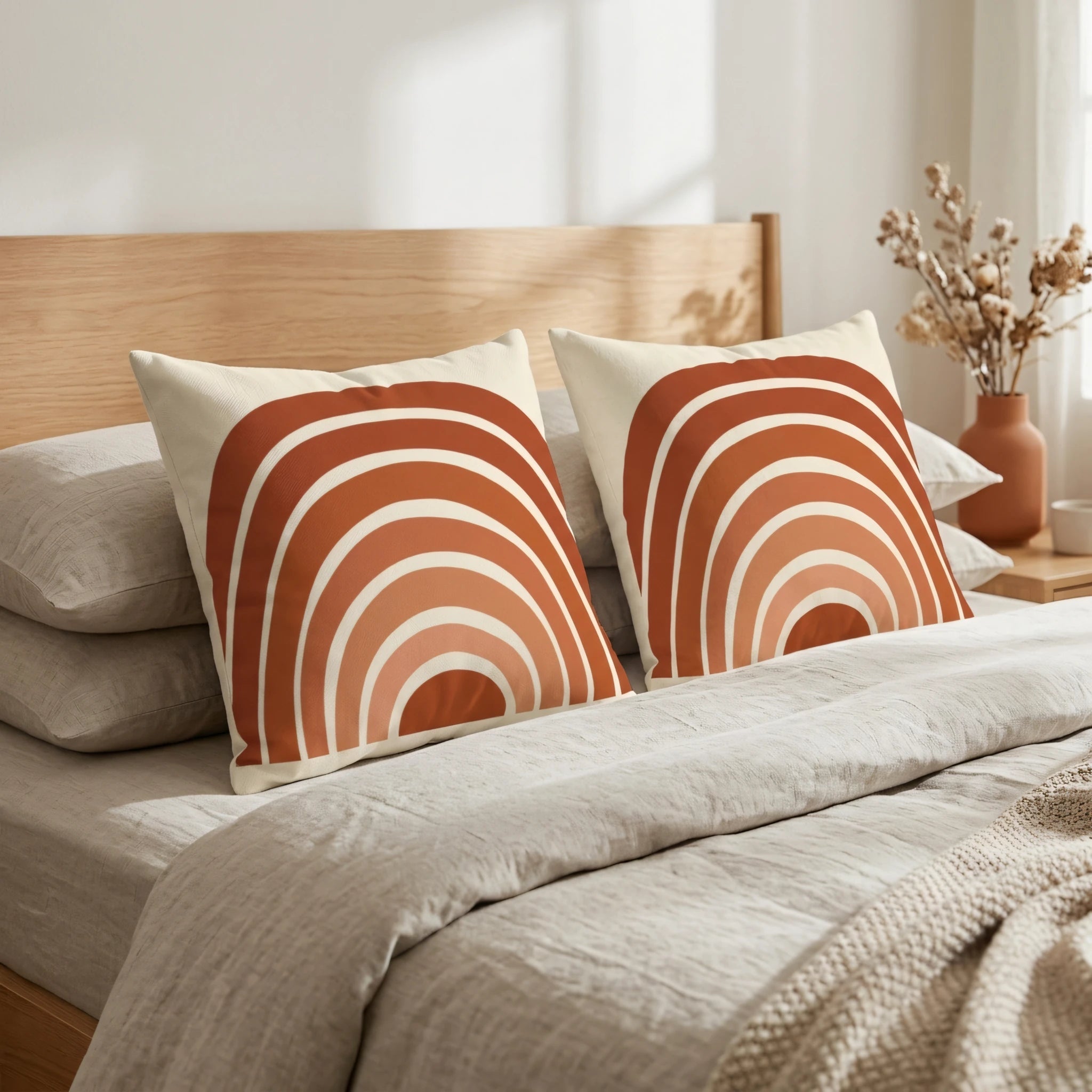 Pair of bohemian arch throw pillows in rust and peach colors styled on a cozy bed with a wooden headboard and neutral linen bedding.
