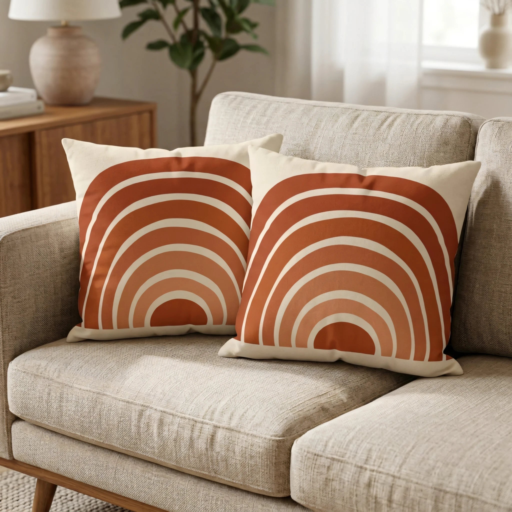 Two throw pillows with a burnt orange rainbow arch pattern on a beige couch in a cozy, modern living room setting.