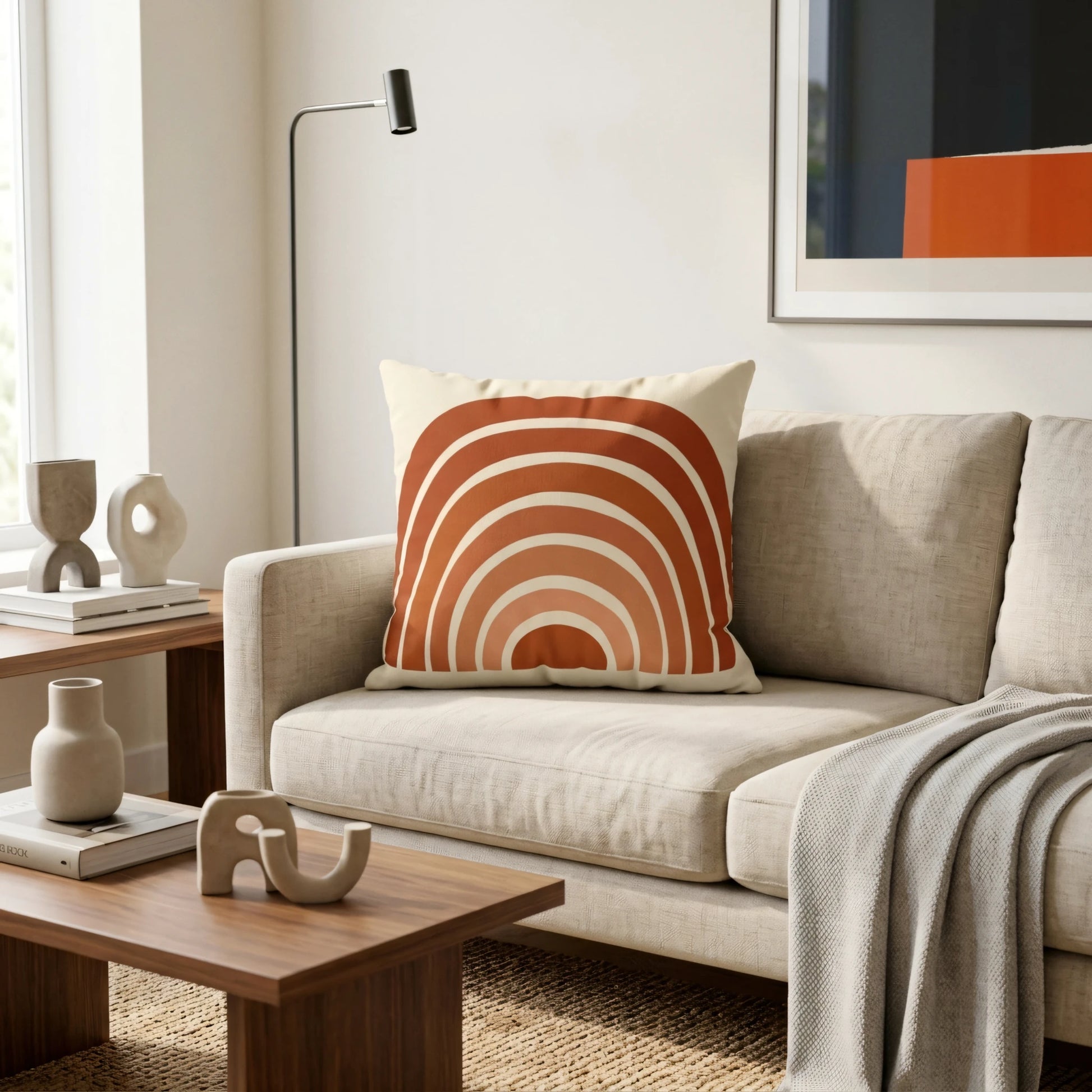 Terracotta rainbow throw pillow on a beige sofa in a modern minimalist living room setting with neutral decor and wooden coffee table.