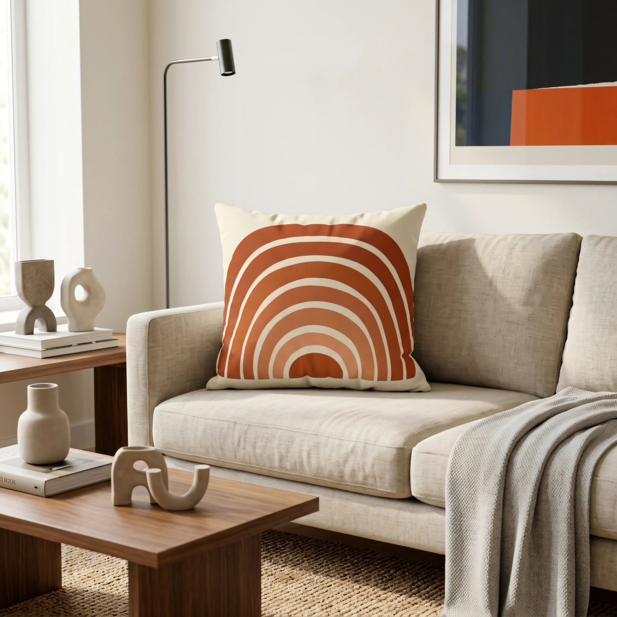 Terracotta rainbow throw pillow on a beige sofa in a modern minimalist living room setting with neutral decor and wooden coffee table.
