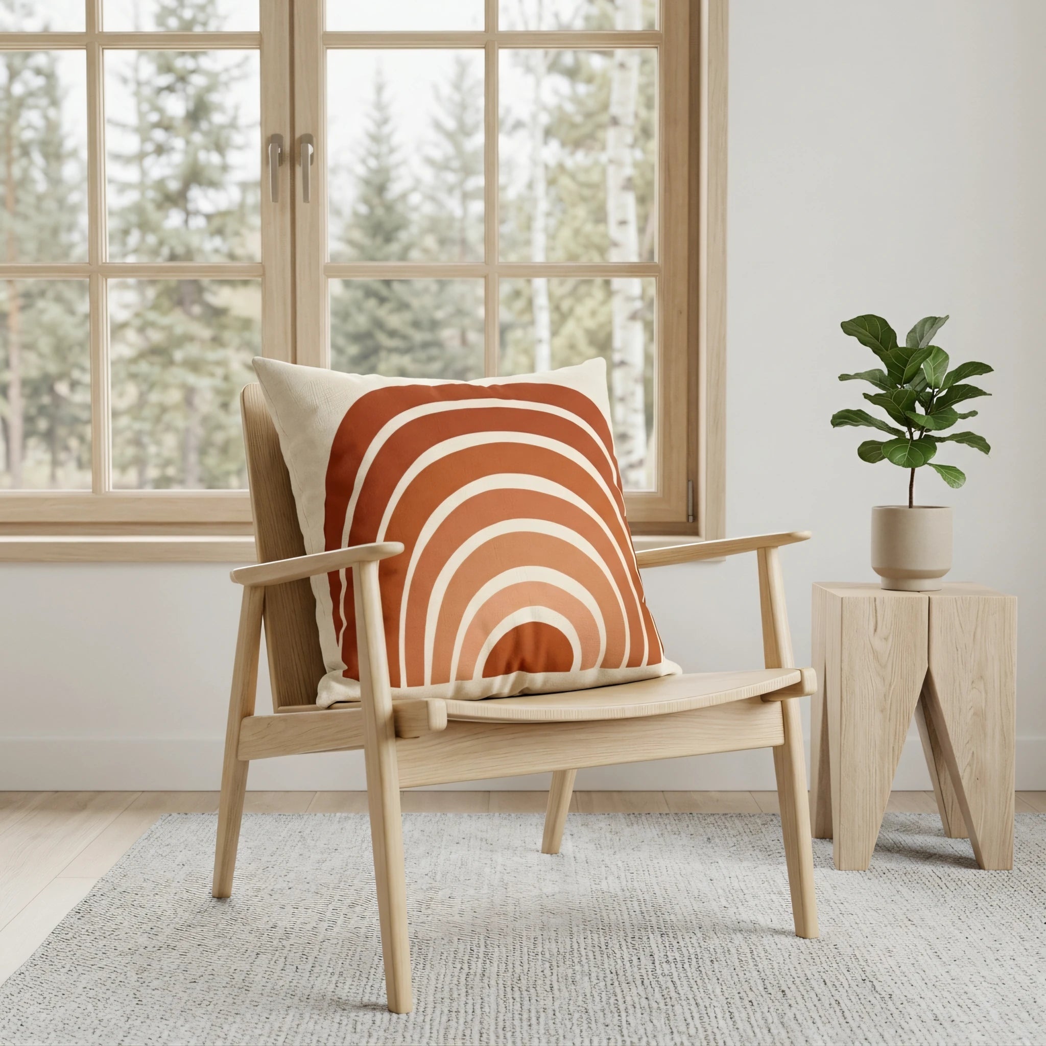 Terracotta rainbow pattern cushion on a light wood chair in a minimalist interior with a forest window view and a potted plant on a side table.