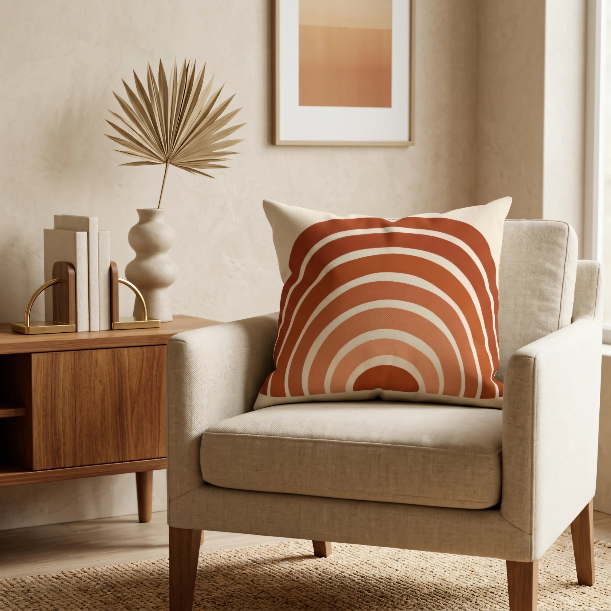 Terracotta rainbow print throw pillow on a beige armchair in a minimalist living room setting with natural textures and wooden decor.