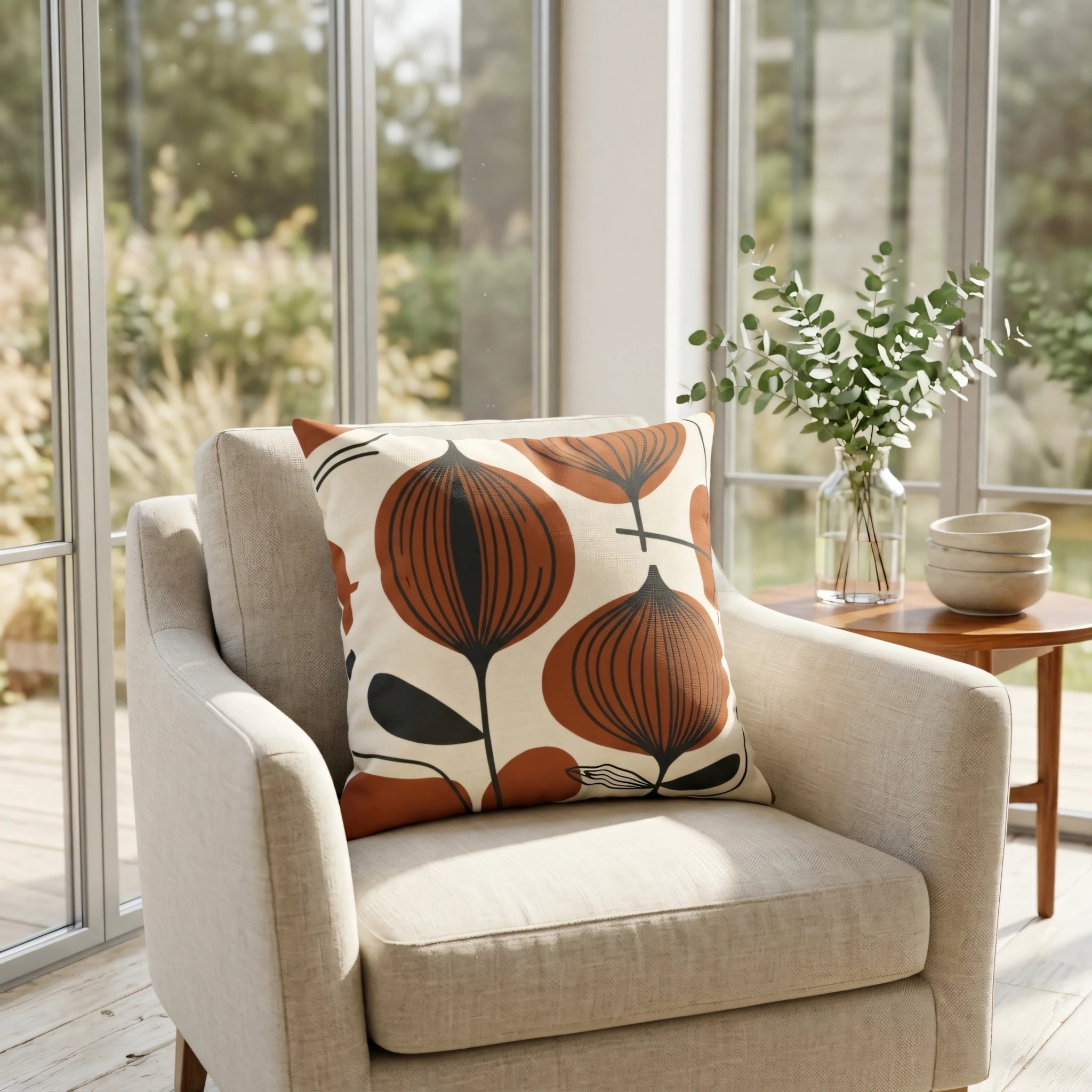 Mid-century modern cushion with terracotta botanical patterns on a beige armchair in a bright sunlit room overlooking a garden.