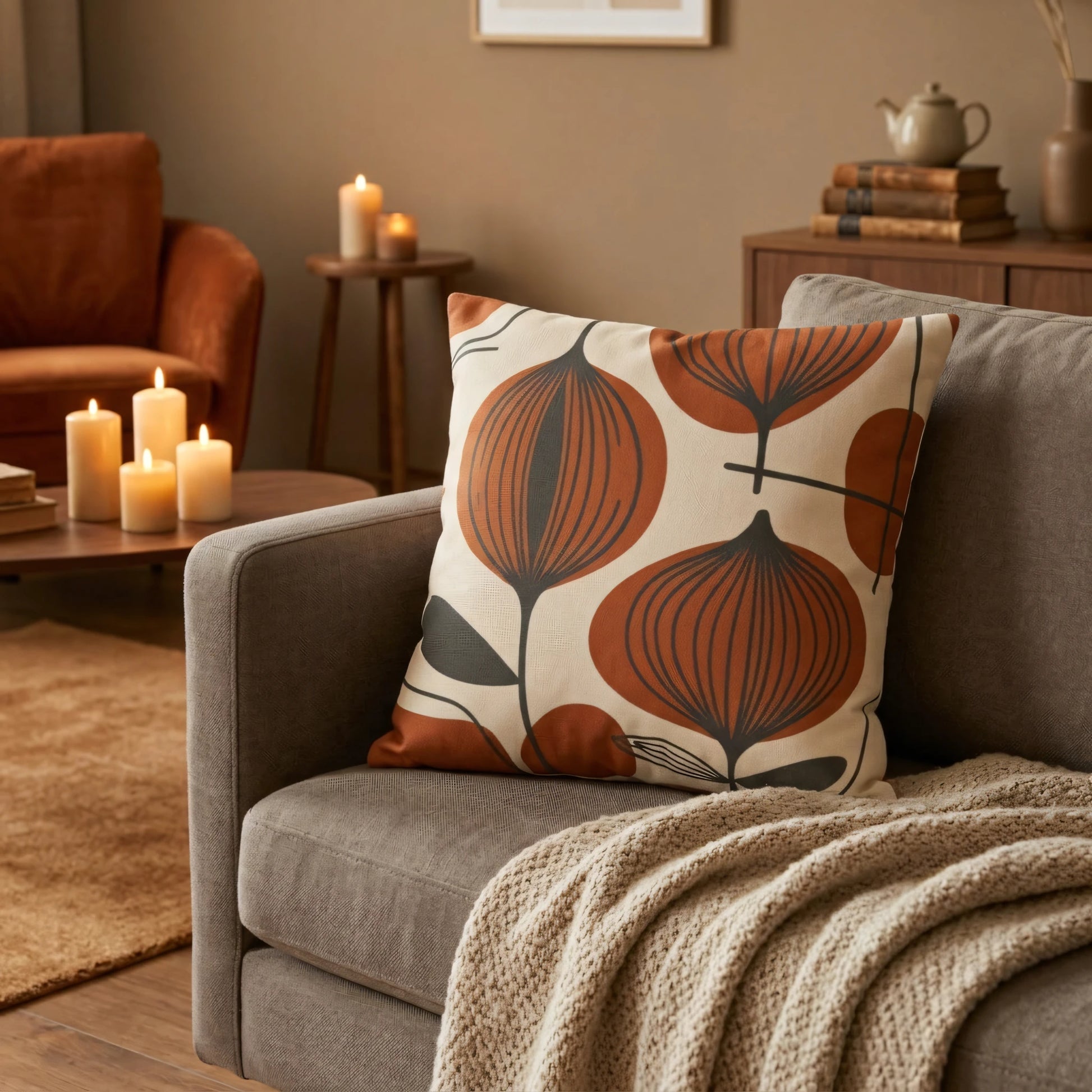 Mid-century modern pillow with orange botanical patterns on a grey sofa in a cosy living room with warm candlelight and a beige knit throw blanket.