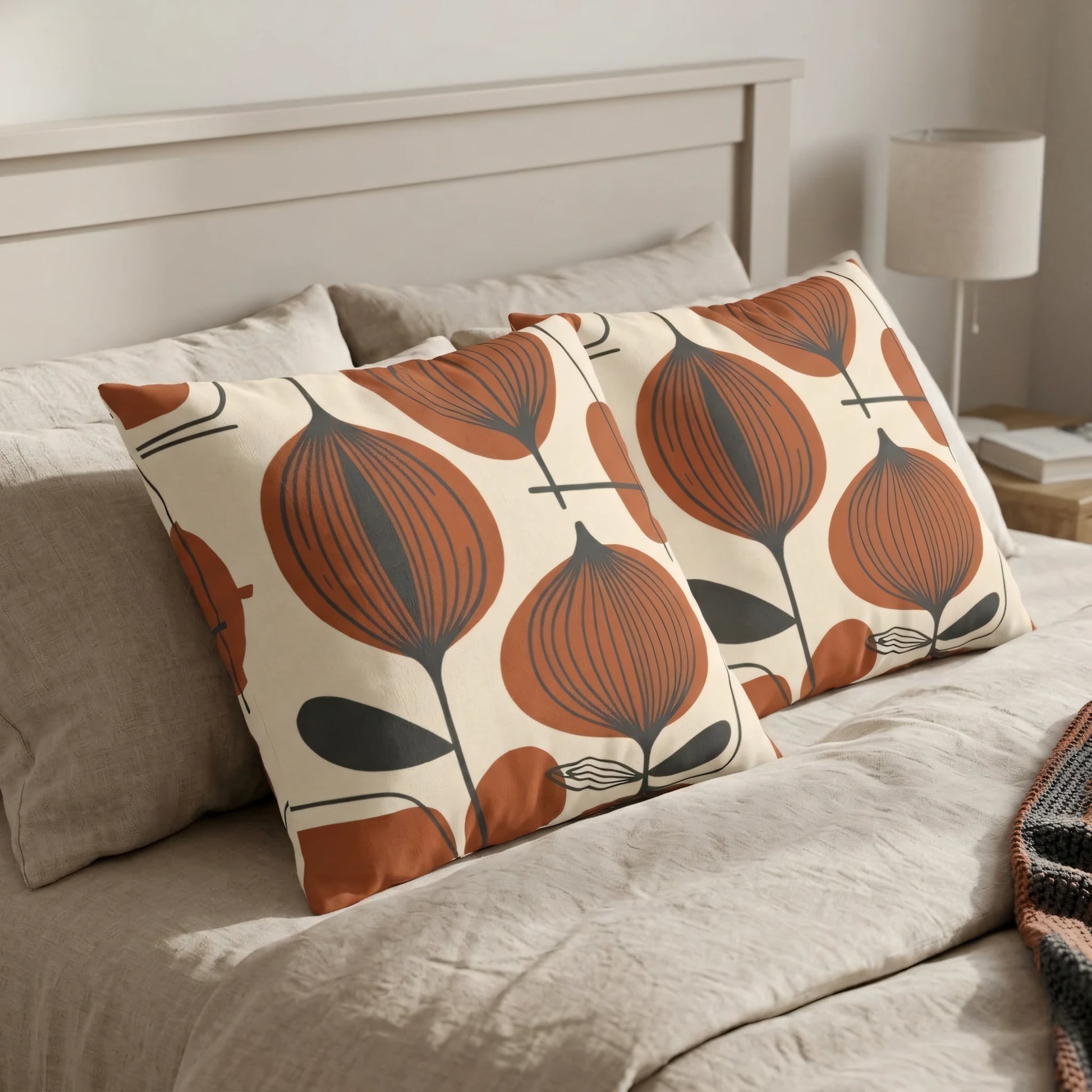 Two decorative pillows with a terracotta and grey mid-century modern floral pattern on a cozy neutral bed with a minimalist wood headboard.