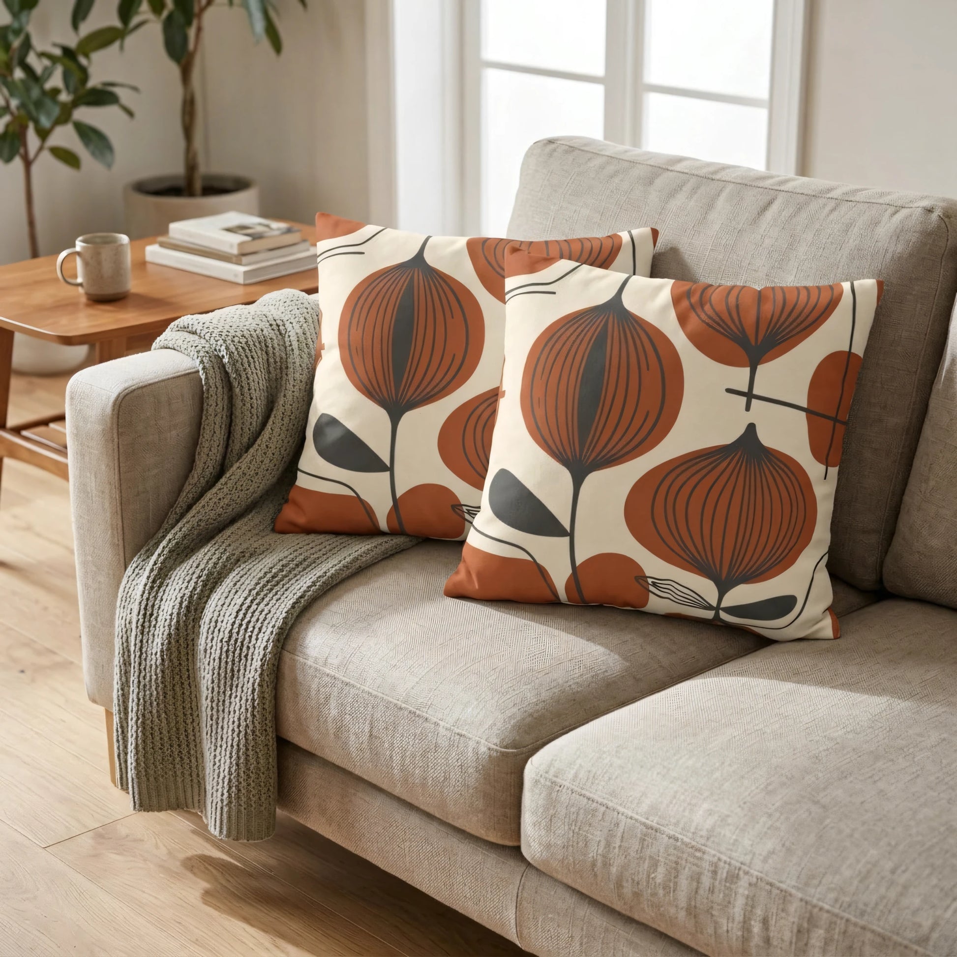 Duo of pillows with burnt orange mid-century floral patterns on a gray couch, styled with a green throw blanket in a cozy living room.