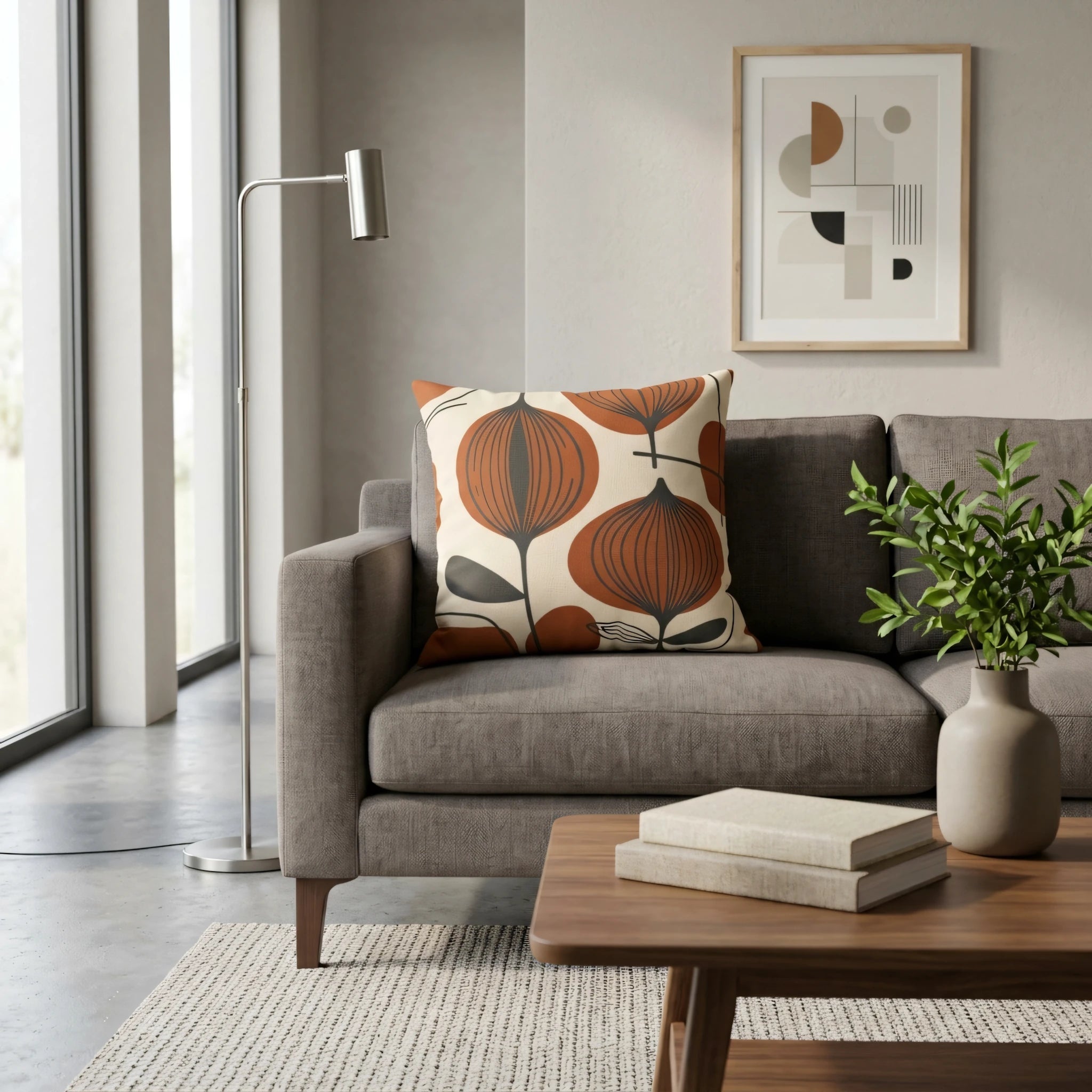 Terracotta floral throw pillow on a grey sofa in a modern salon setting with a wooden coffee table and minimalist floor lamp.