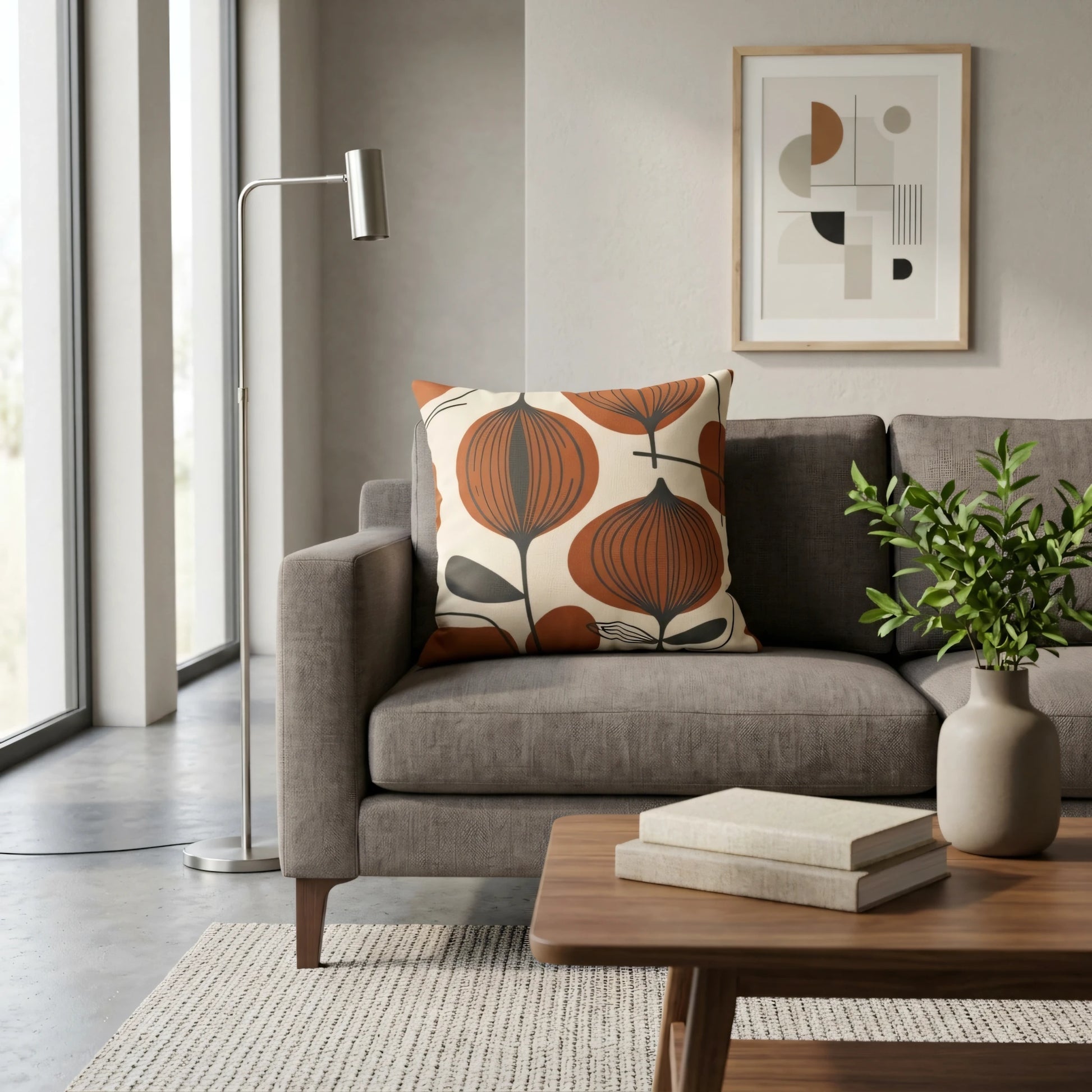 Terracotta floral throw pillow on a grey sofa in a modern salon setting with a wooden coffee table and minimalist floor lamp.