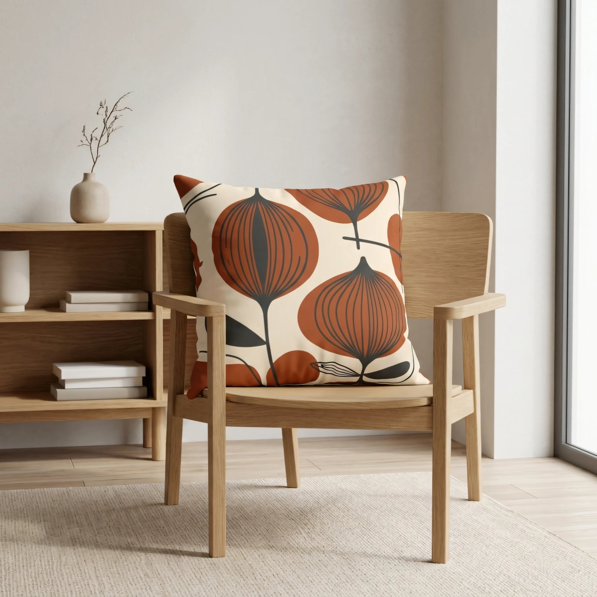 Terracotta and cream floral pattern cushion on a wooden armchair in a bright minimalist interior with light wood shelves and natural decor.