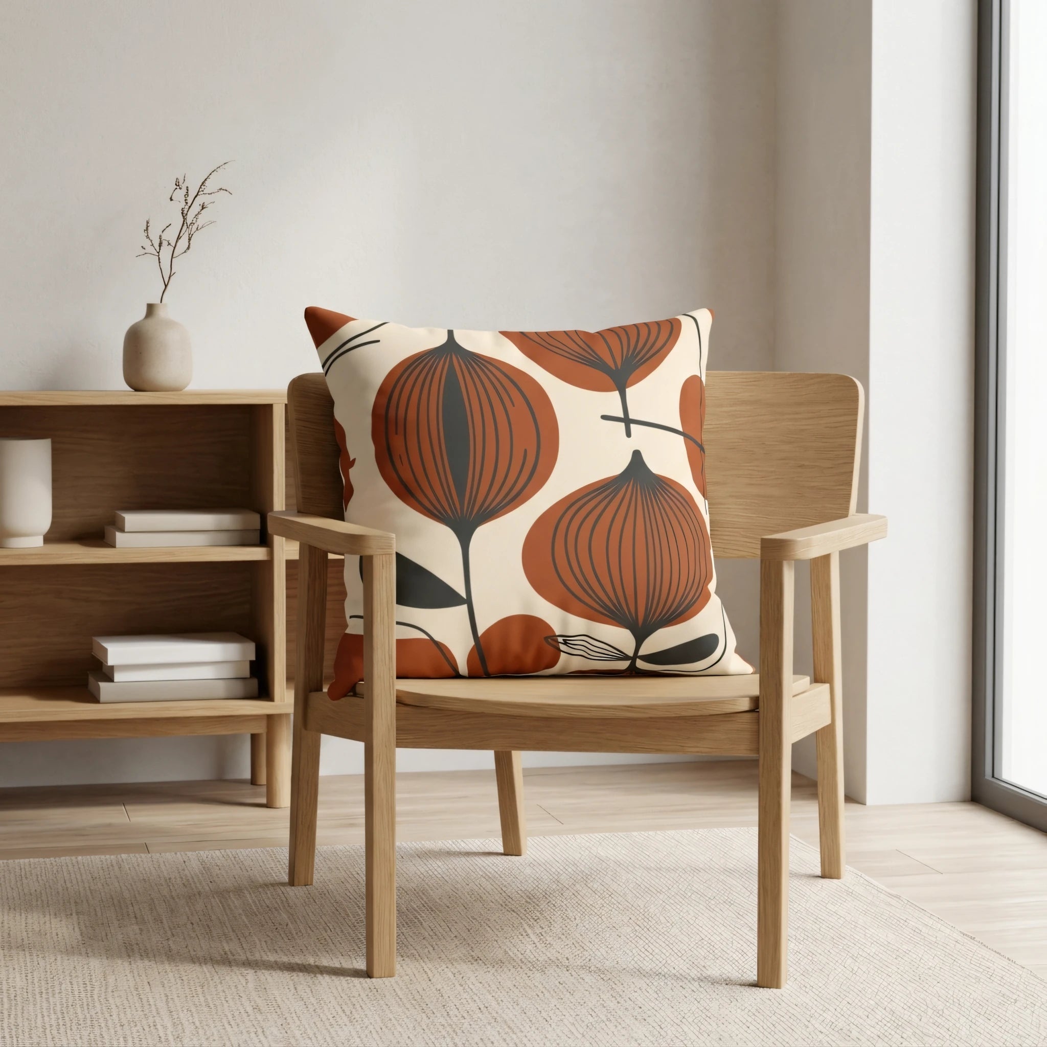 Terracotta and cream floral pattern cushion on a wooden armchair in a bright minimalist interior with light wood shelves and natural decor.