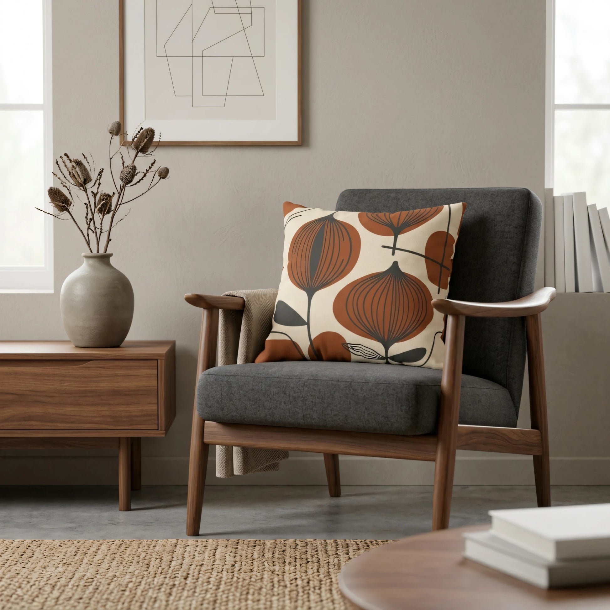 Modern throw pillow with rust-colored botanical pattern on a grey armchair in a neutral-toned mid-century modern living room.