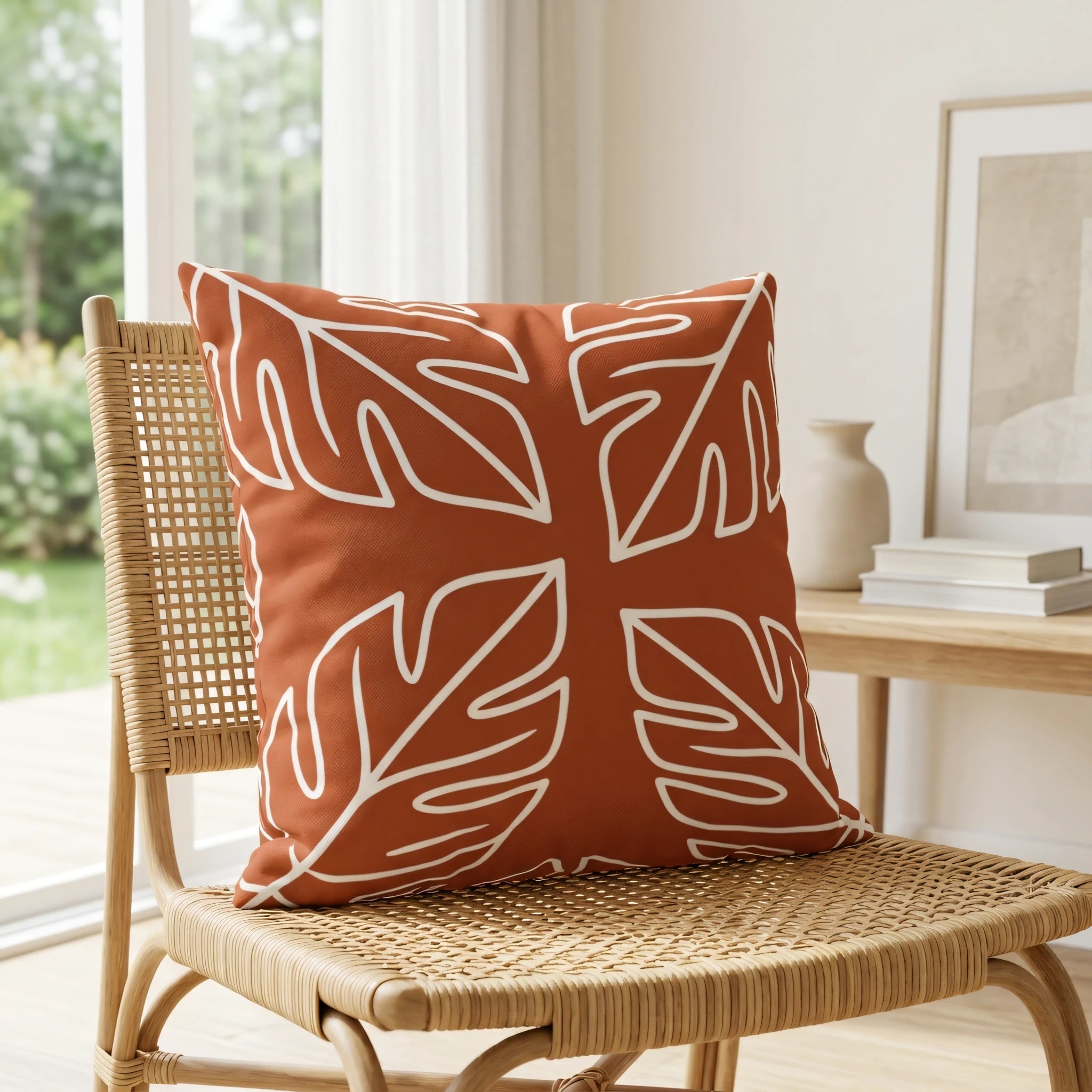 Burnt orange throw pillow with white leaf patterns on a woven rattan chair in a bright, minimalist living room.