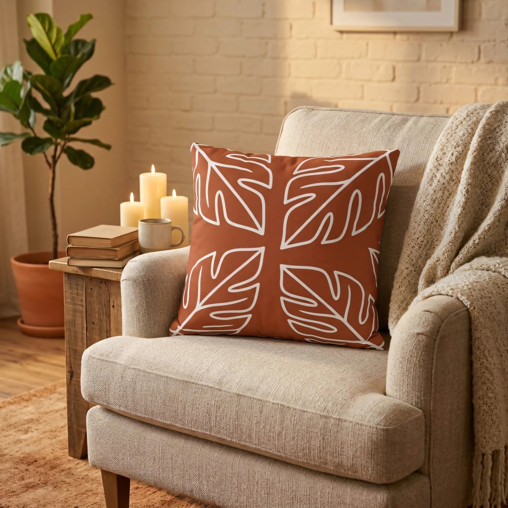 Terracotta cushion with white leaf patterns on a cream armchair in a cozy living room setting with plants and lit candles.