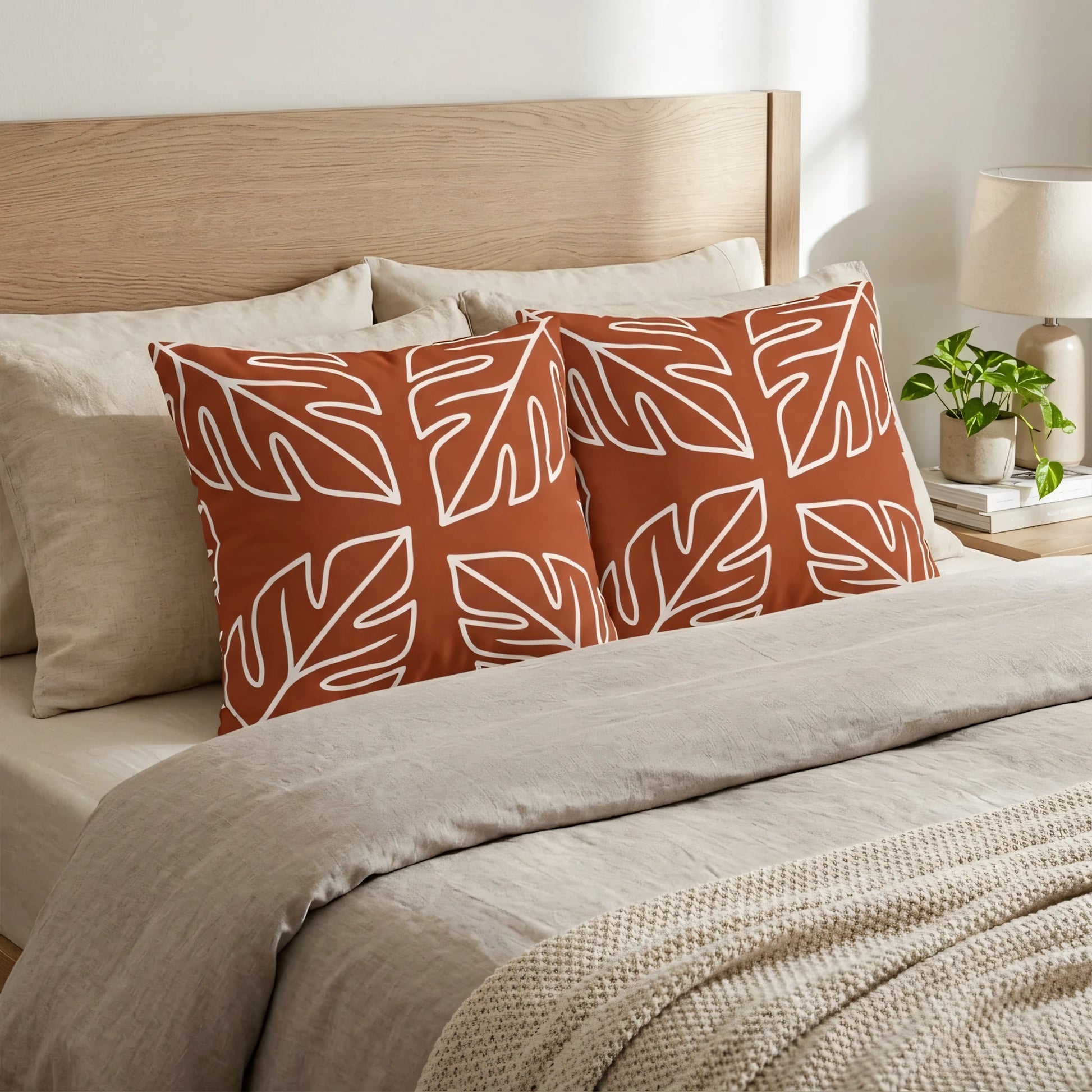 Two terracotta decorative pillows with white monstera leaf patterns on a beige bed with a light wood headboard and bedside plant.