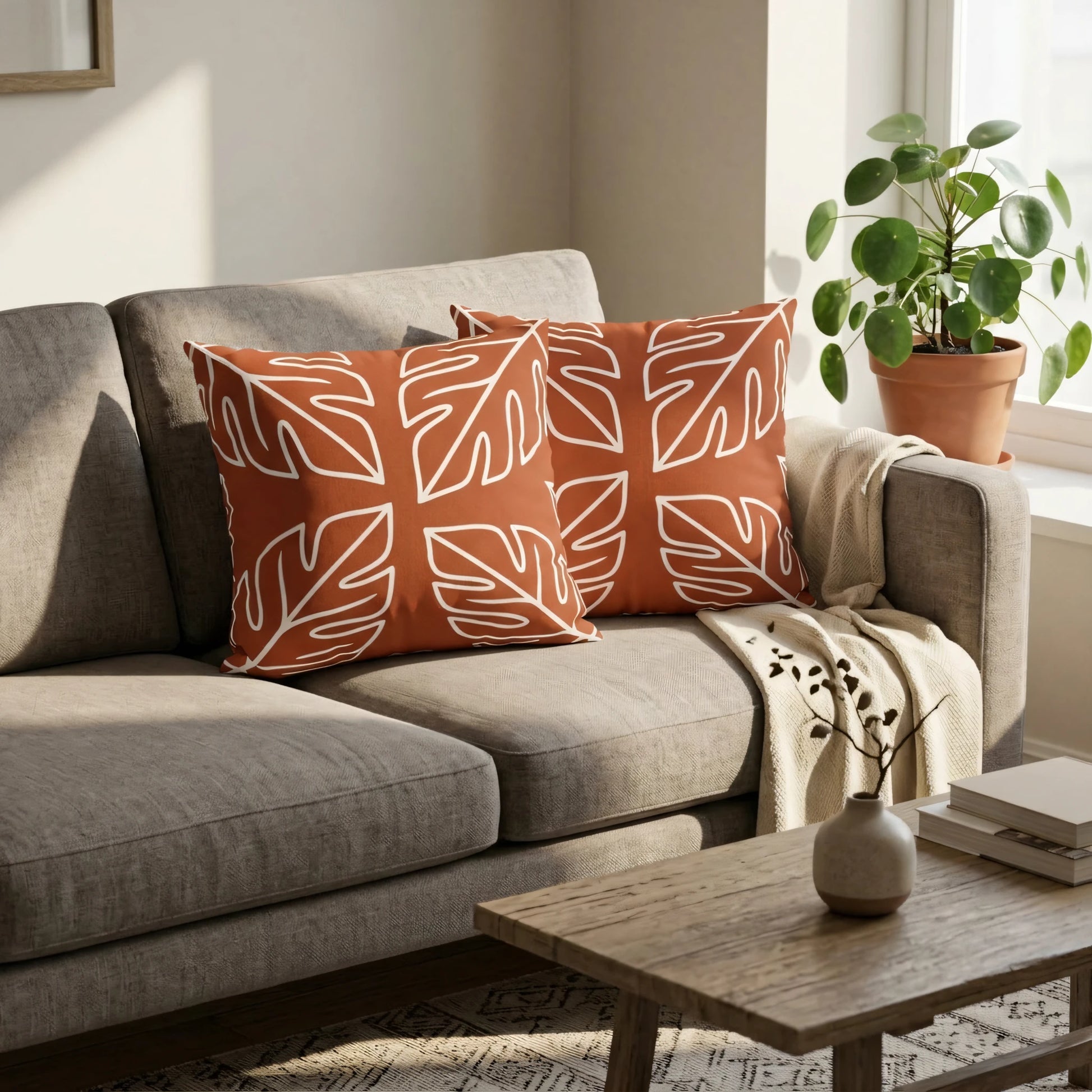 Two burnt orange decorative cushions with white leaf patterns on a grey sofa in a cozy, sunlit living room setup.