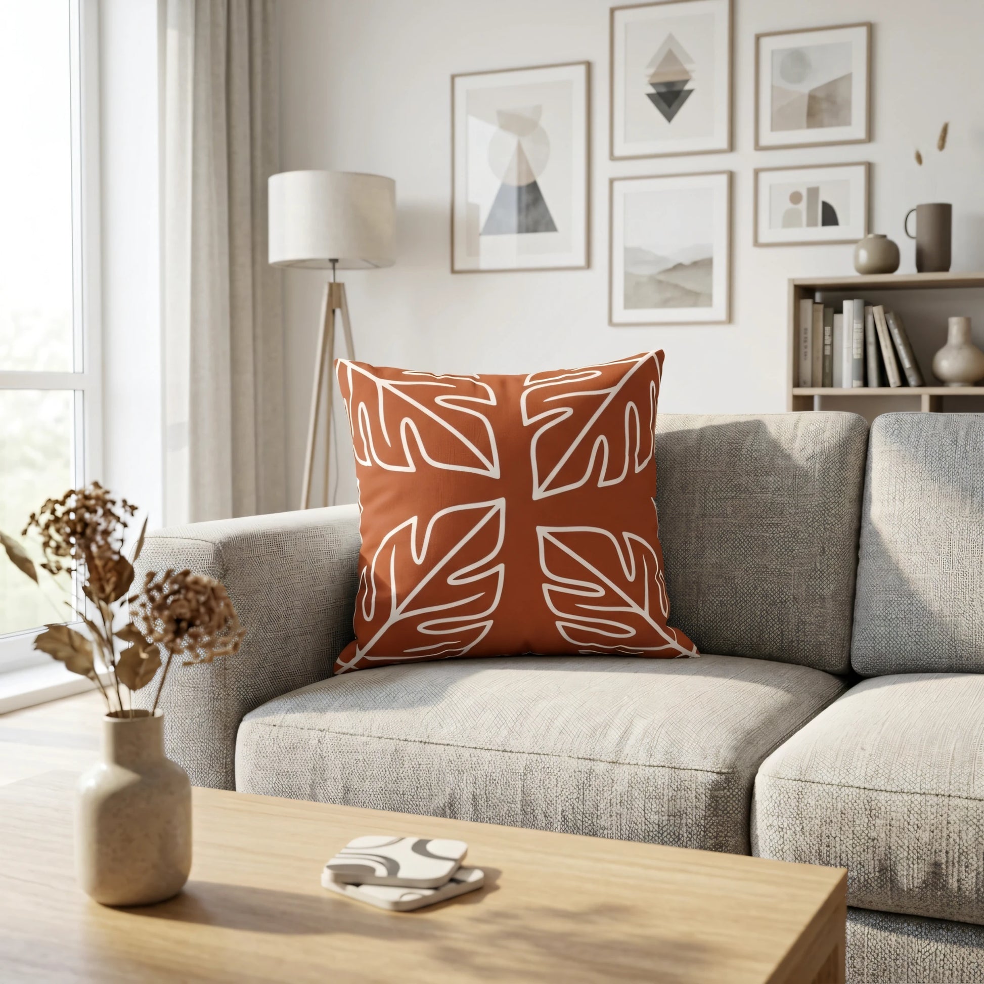 Terracotta orange cushion with white leaf patterns on a grey sofa in a bright modern living room with gallery wall art and a wooden table.