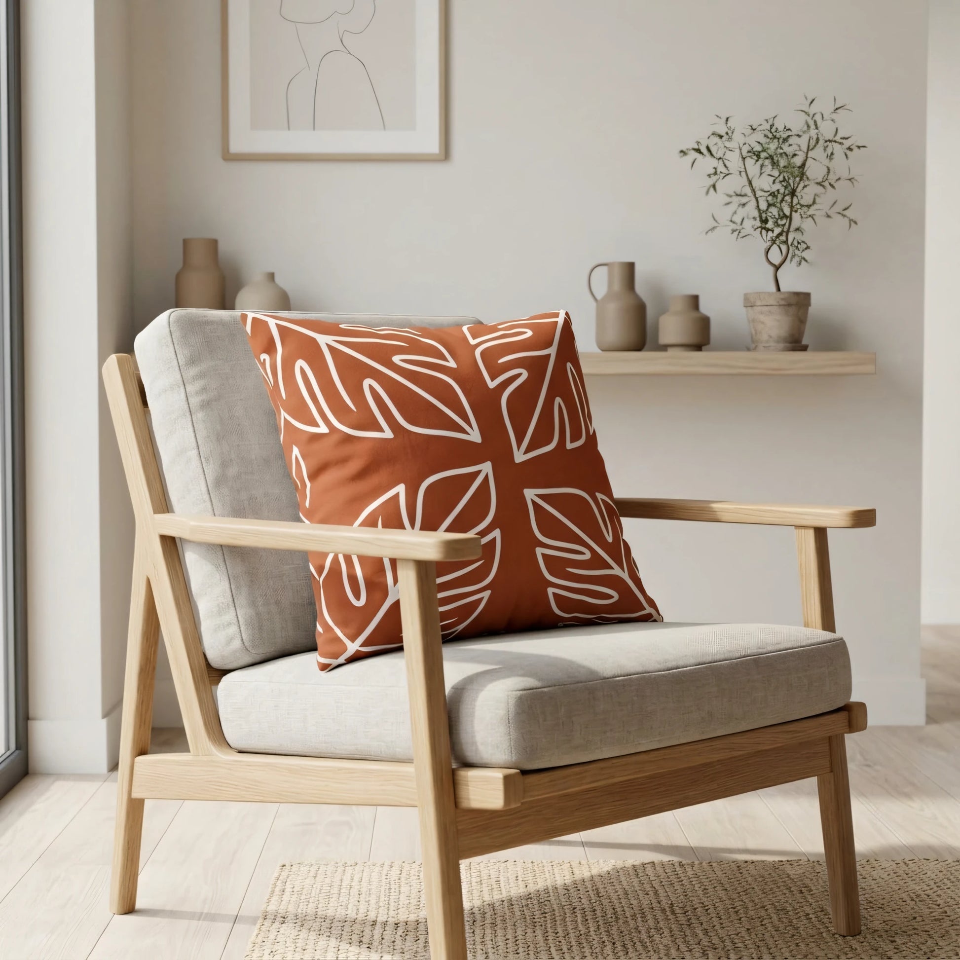 Terracotta throw pillow with a white leaf pattern on a light wood armchair in a neutral minimalist living room with earthy decor.