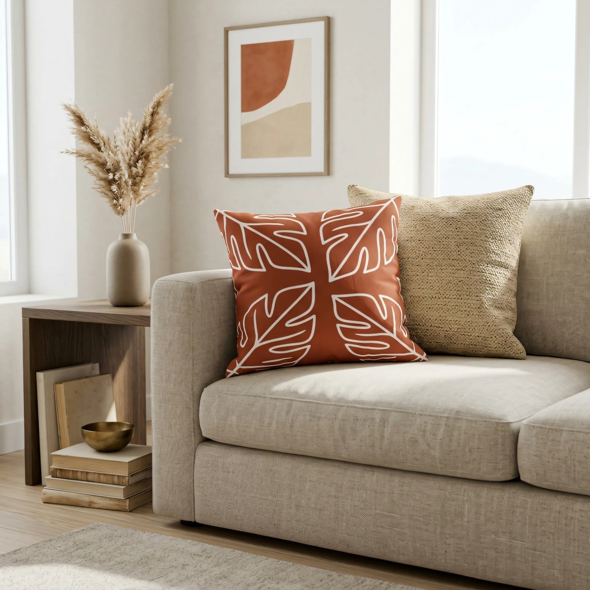 Decorative terracotta cushion with white leaf pattern on a light beige sofa in a modern minimalist living room with boho decor.