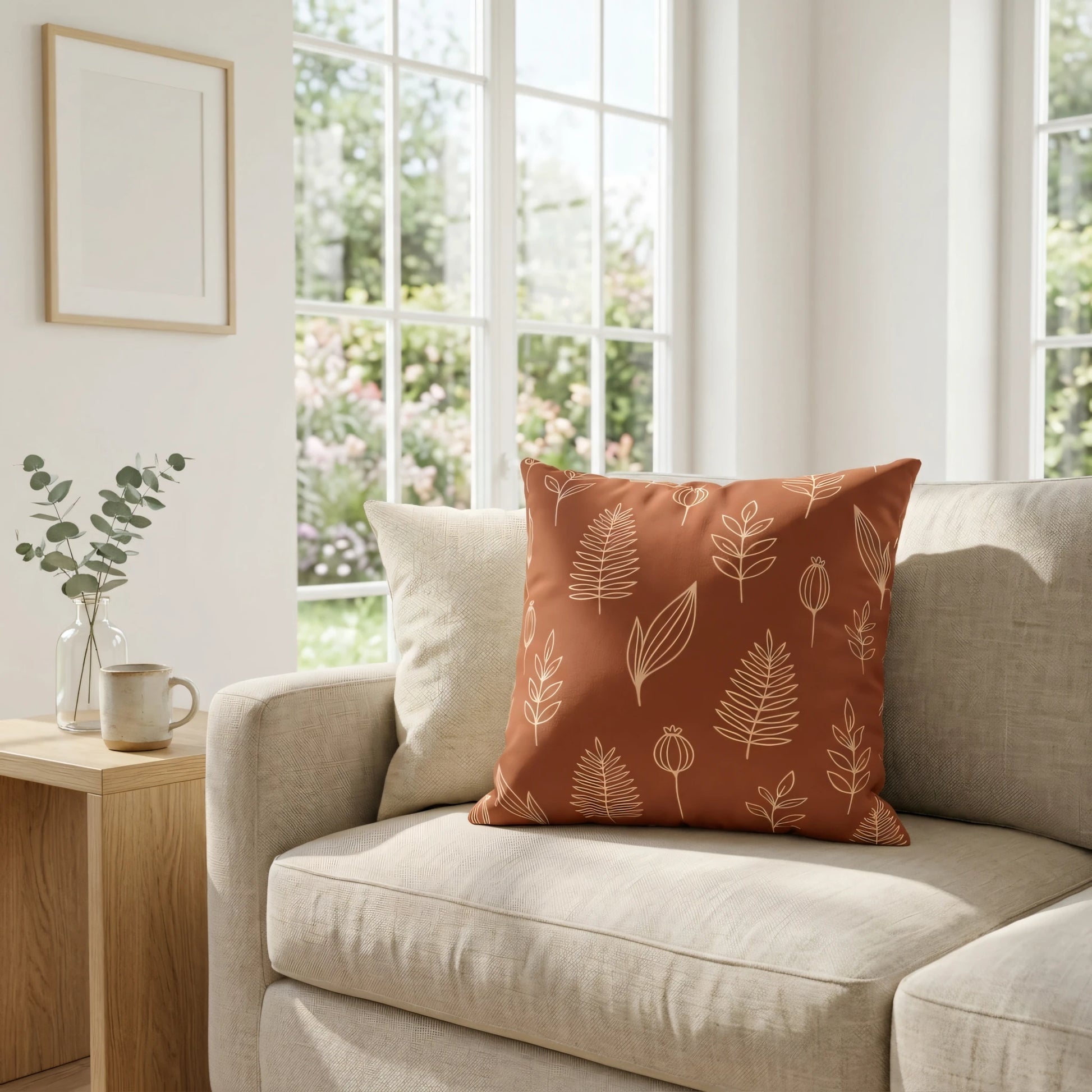 Terracotta throw pillow featuring beige leaf line art on a neutral sofa in a bright, airy living room with a garden window view.