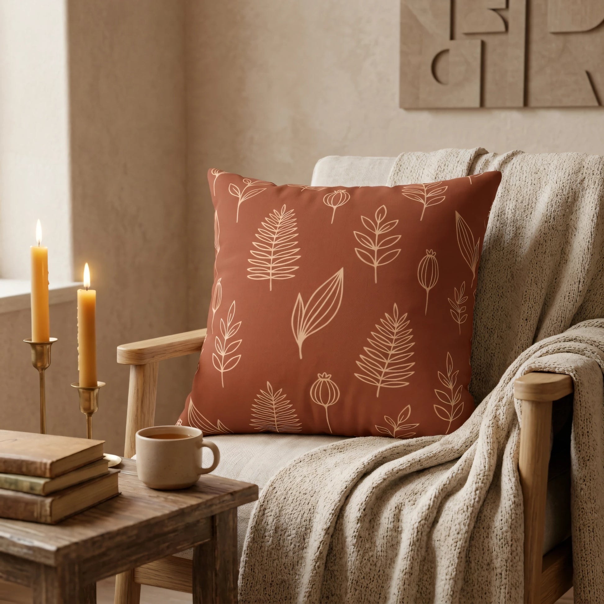Terracotta cushion with botanical line art on a wooden armchair in a cozy setting with lit candles and a warm beige throw blanket.