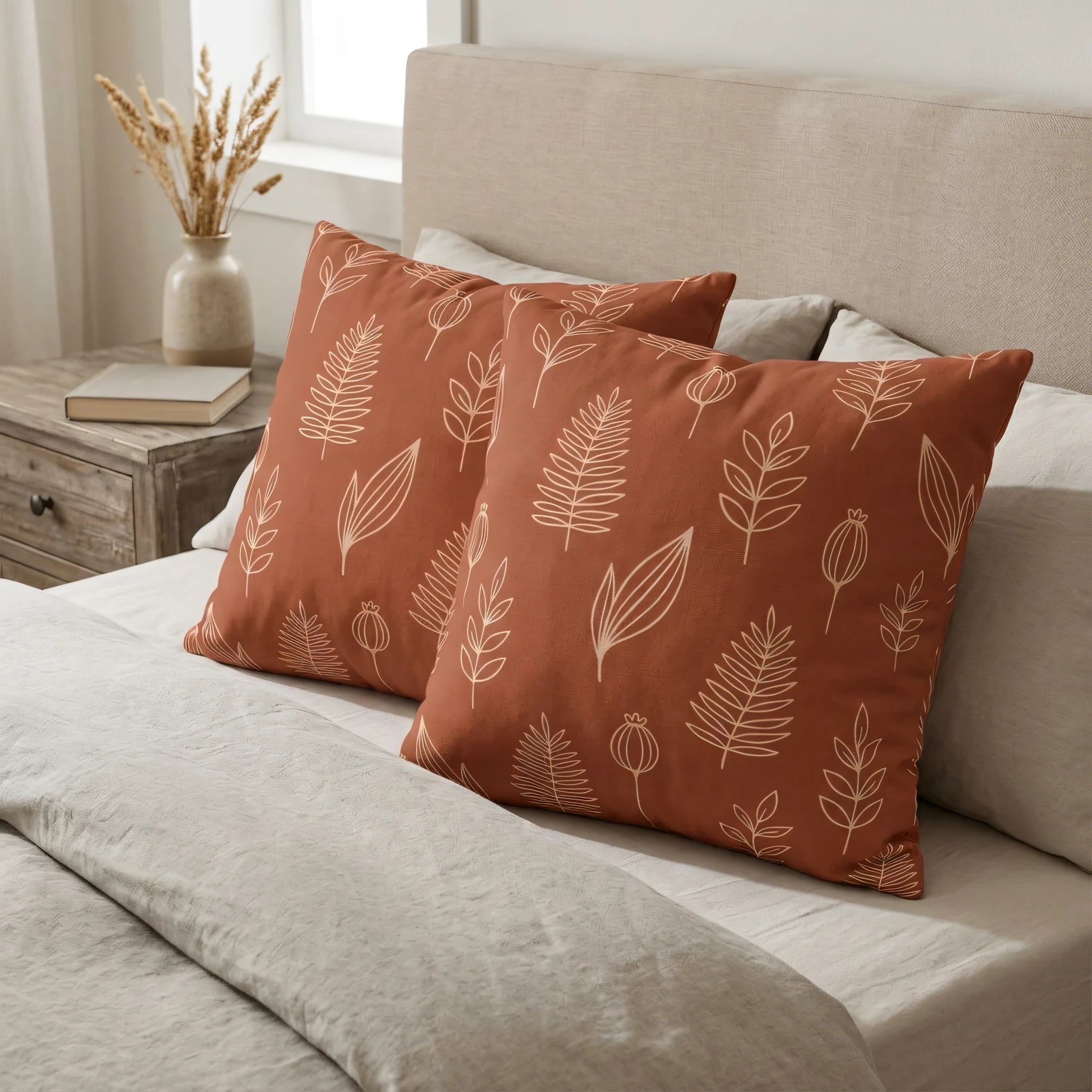 Two terracotta throw pillows with cream botanical fern and leaf patterns on a neutral bed, featuring a beige headboard and nightstand.