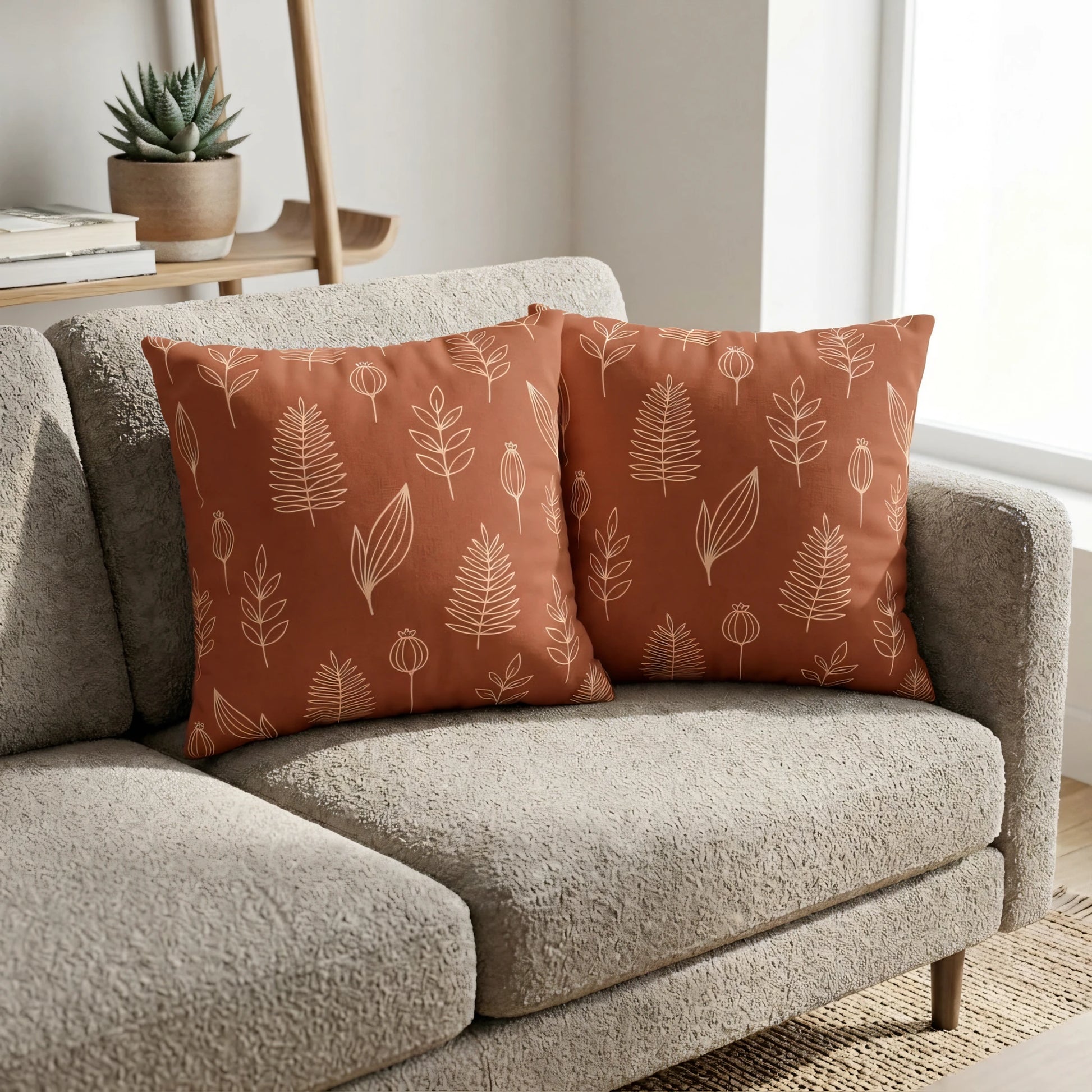 Two terracotta cushions with beige botanical leaf patterns on a grey textured sofa in a bright, modern living room interior.