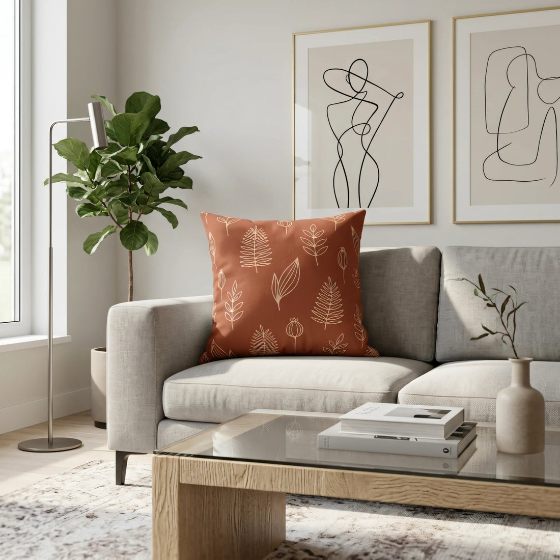 Terracotta botanical cushion with beige leaf line art on a grey sofa in a modern living room setting featuring minimalist decor and plants.