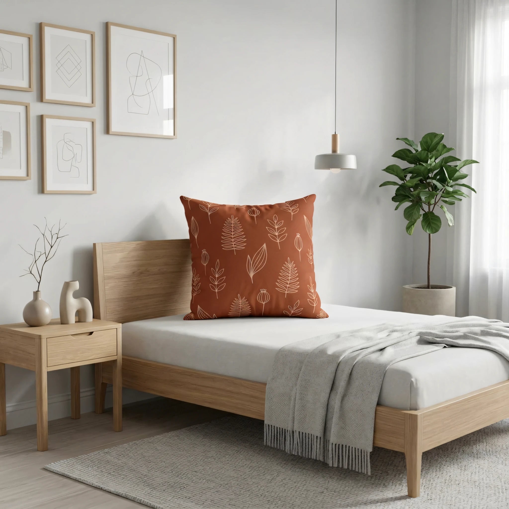 Terracotta botanical leaf cushion on a wooden bed in a minimalist bedroom setting with neutral tones and modern art prints.