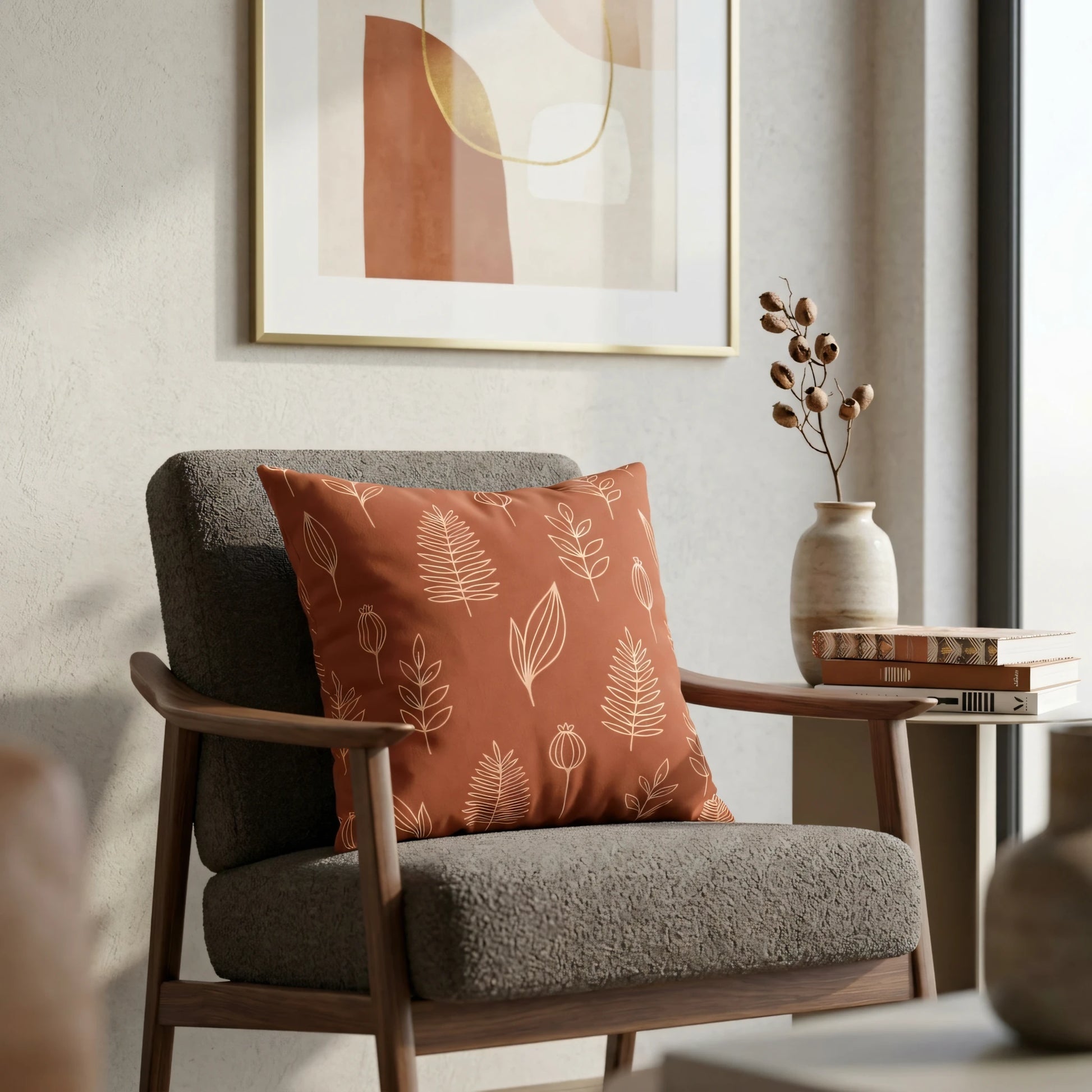Burnt orange cushion with white botanical line art on a grey armchair in a stylish minimalist living room with abstract wall decor.