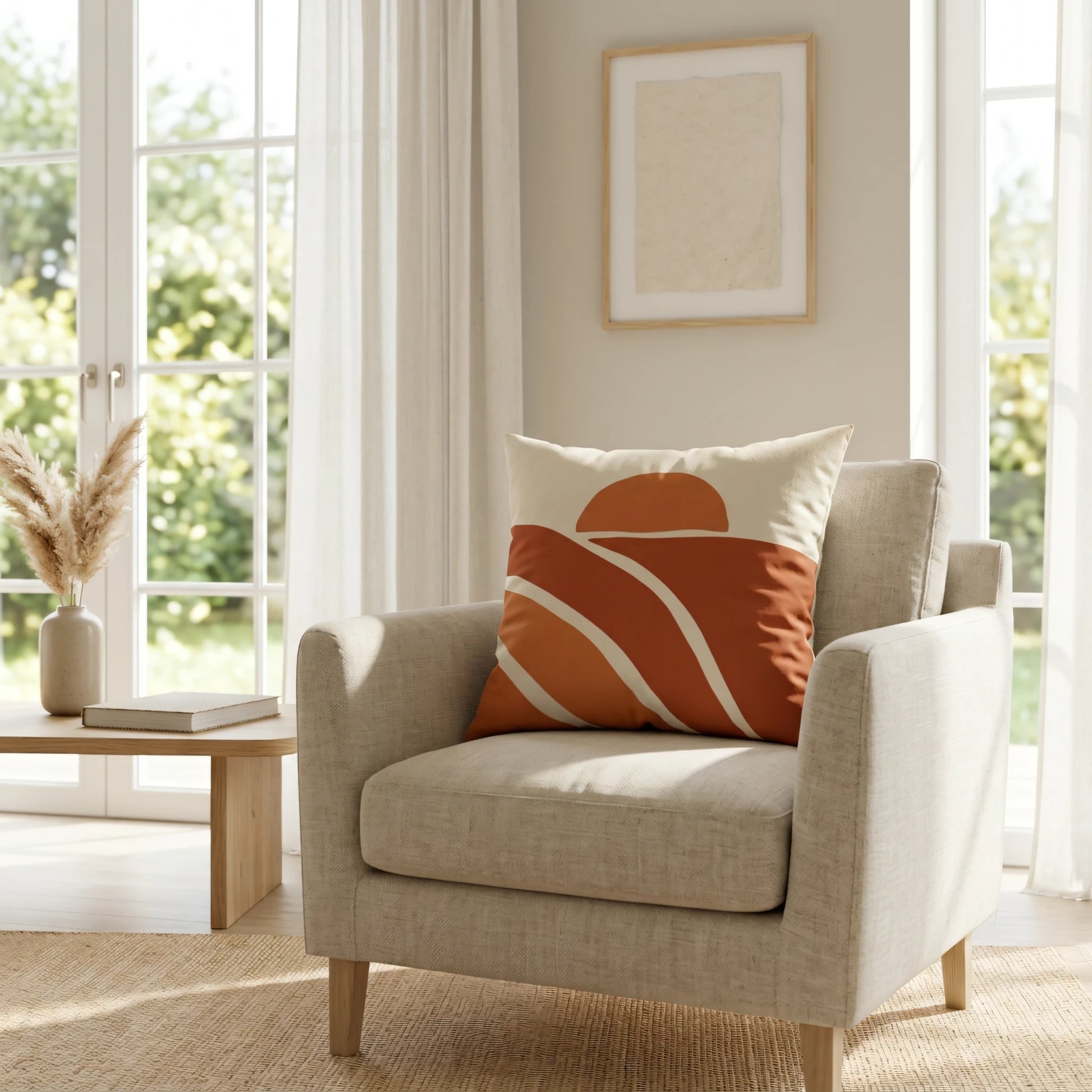 Terracotta sun and hills cushion on a beige armchair in a bright living room with large windows, pampas grass, and a minimalist wooden side table.