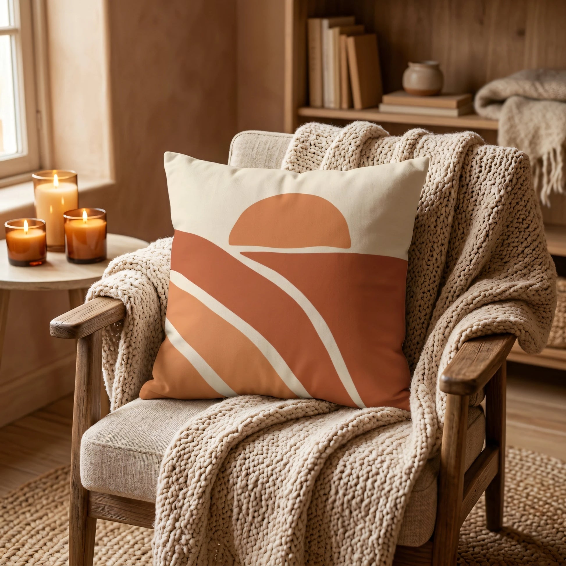 Decorative throw pillow featuring an orange sunset landscape, styled on a wooden armchair with a chunky knit blanket in a cozy room.