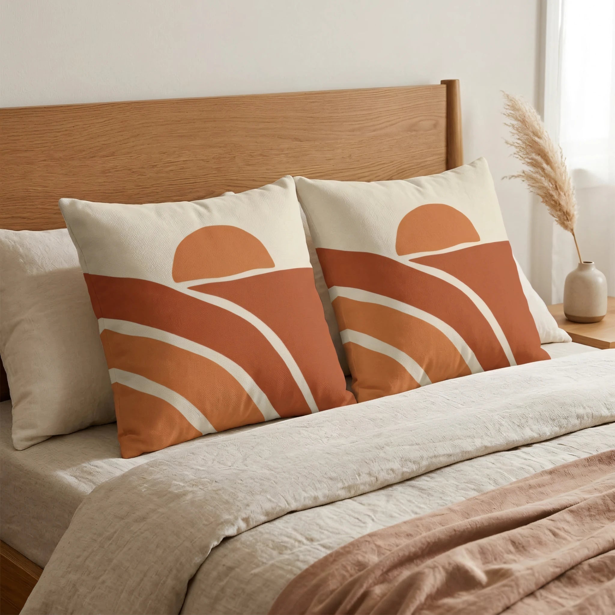 Two terracotta sunset pillows with abstract hill designs on a beige bed, featuring a minimalist sun pattern in a modern, cozy bedroom setting.