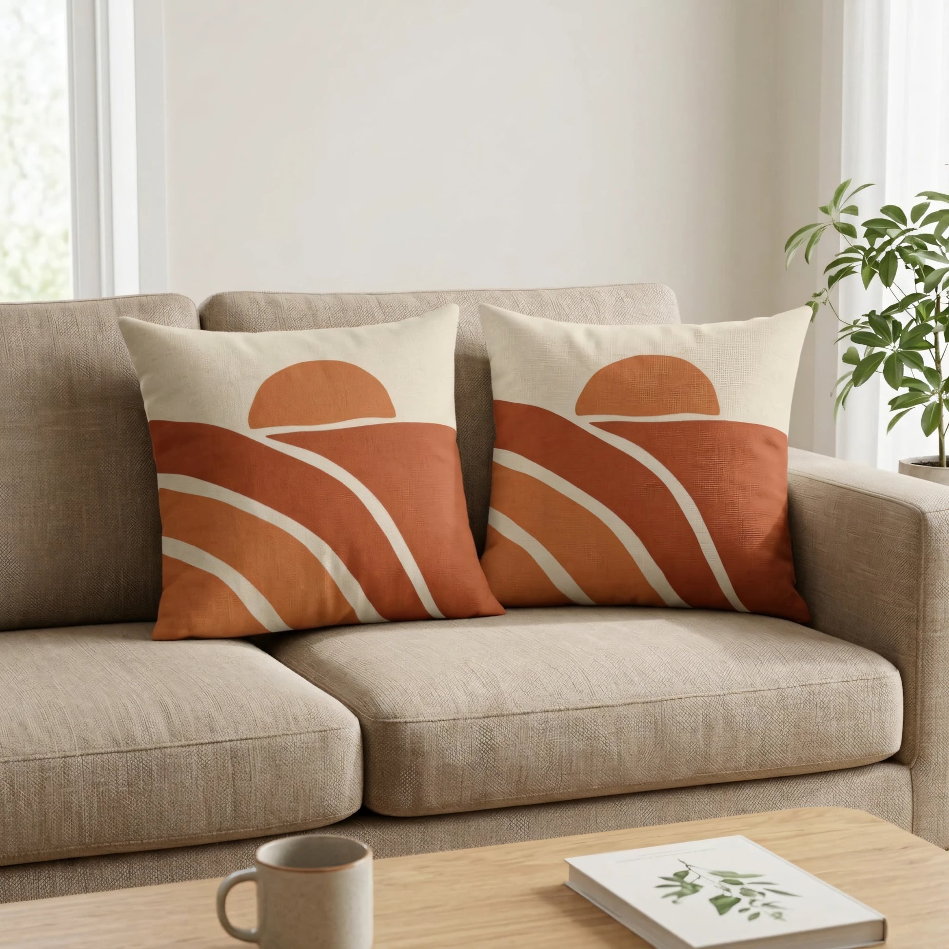 Pair of decorative cushions with terracotta sunset designs on a beige sofa in a modern bright living room with a wooden coffee table.