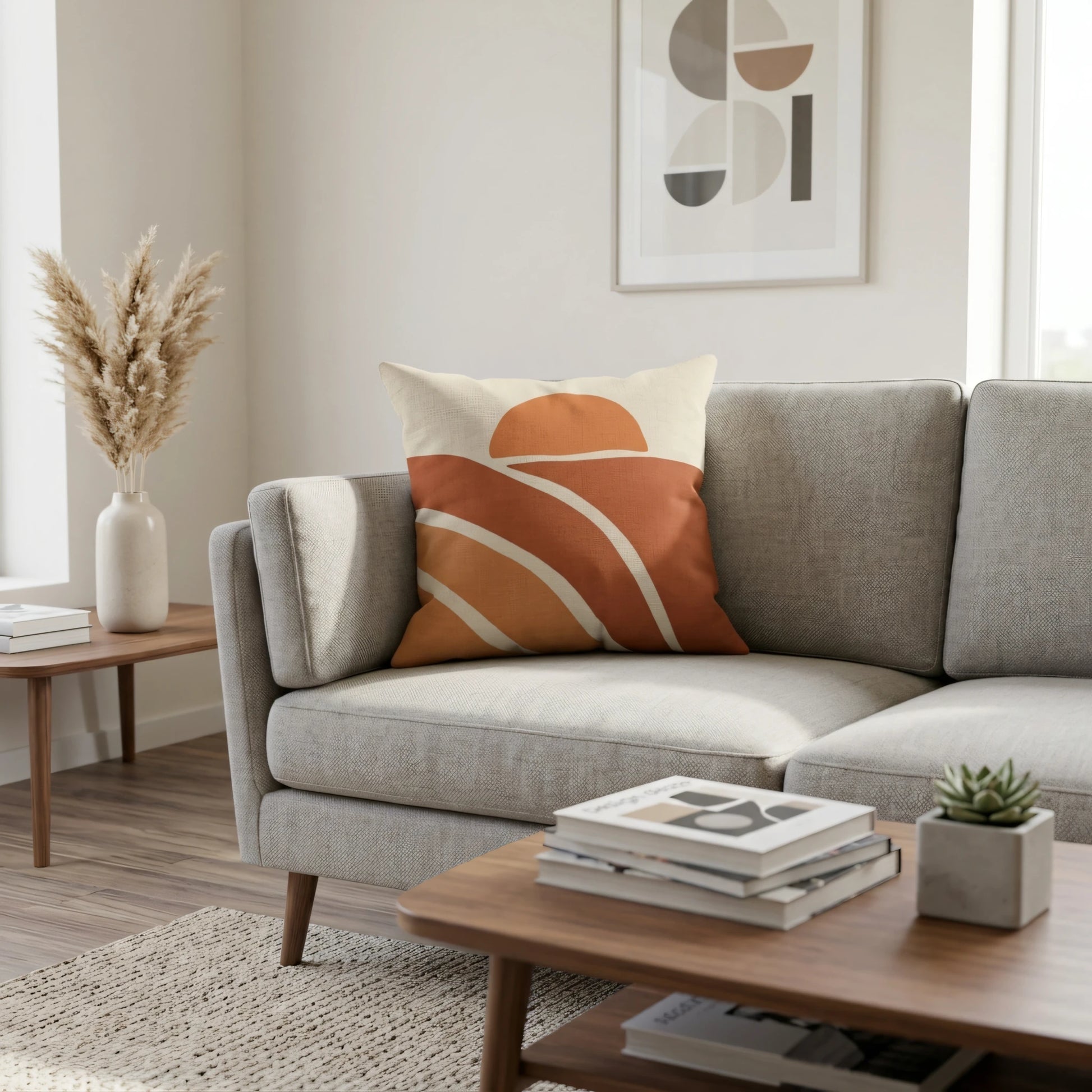 Abstract sunset throw pillow in burnt orange and tan tones on a grey sofa in a minimalist modern living room setting with wooden accents.