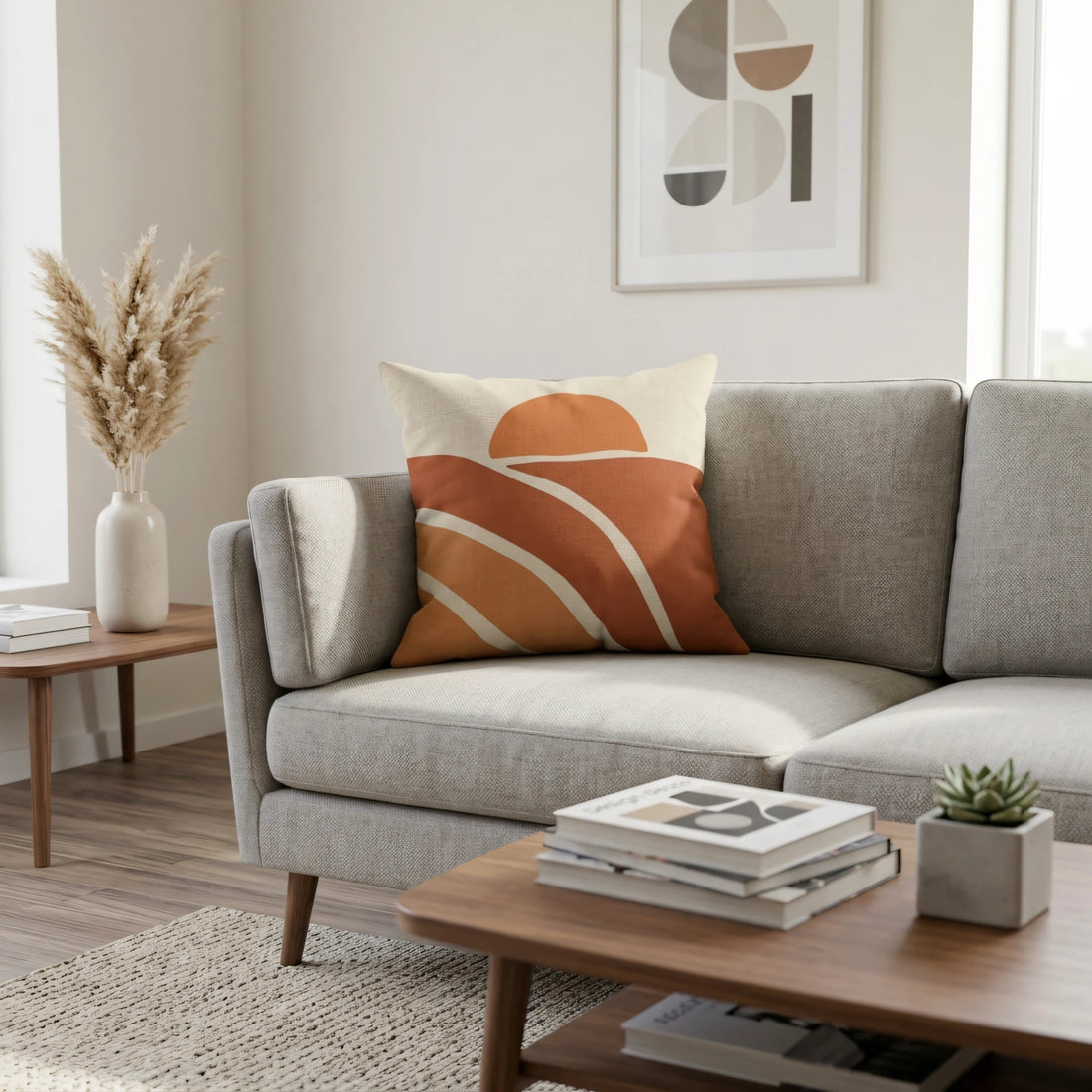 Abstract sunset throw pillow in burnt orange and tan tones on a grey sofa in a minimalist modern living room setting with wooden accents.