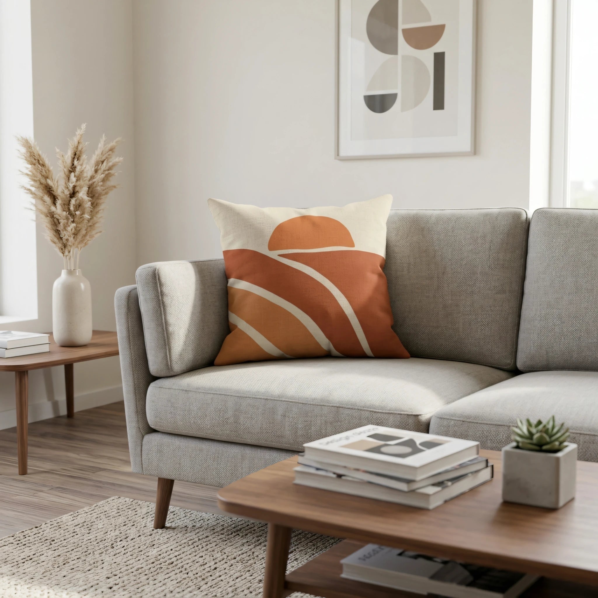 Abstract sunset throw pillow in burnt orange and tan tones on a grey sofa in a minimalist modern living room setting with wooden accents.