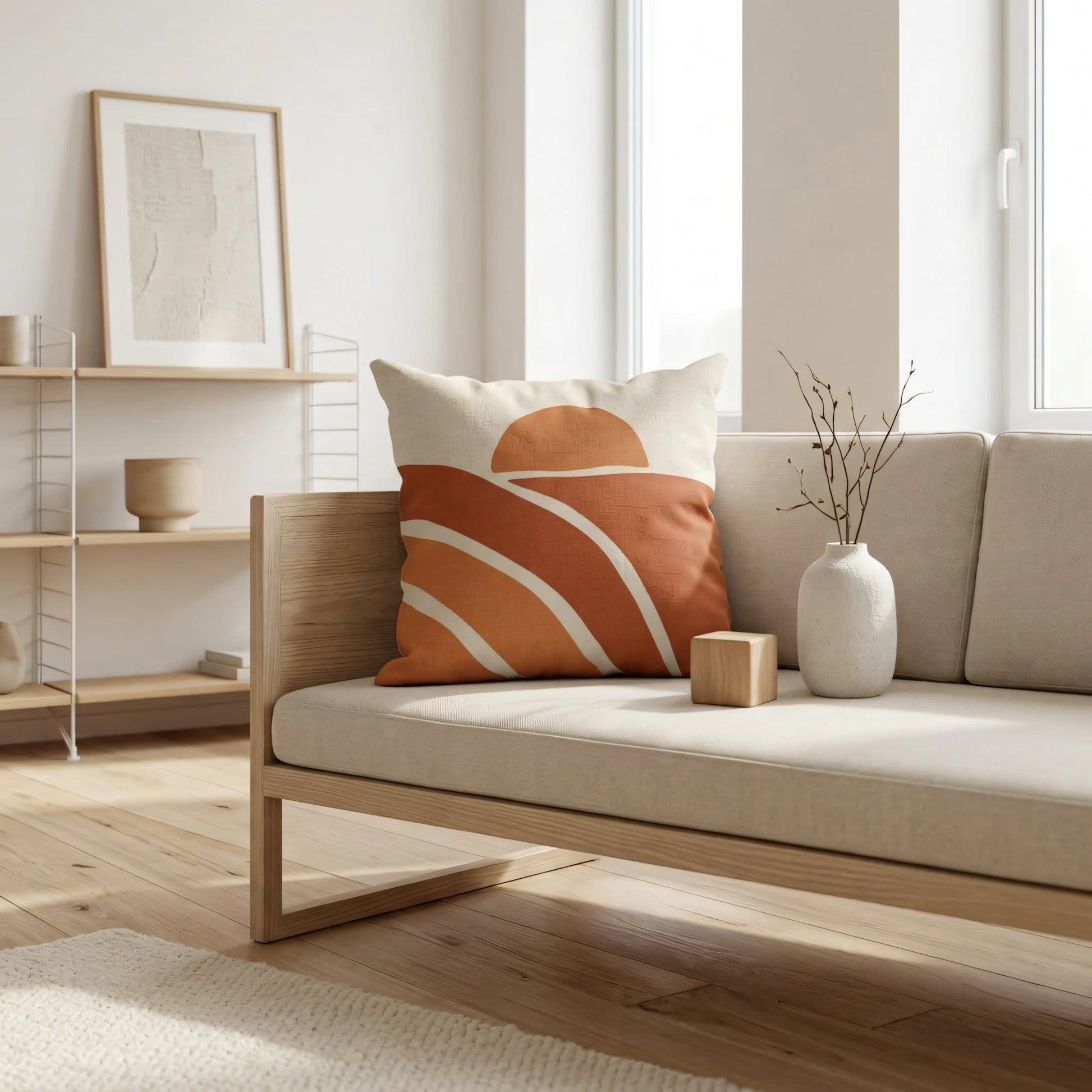 Terracotta abstract sun pattern cushion on a minimalist wooden sofa in a bright living room with neutral decor and light wood flooring.